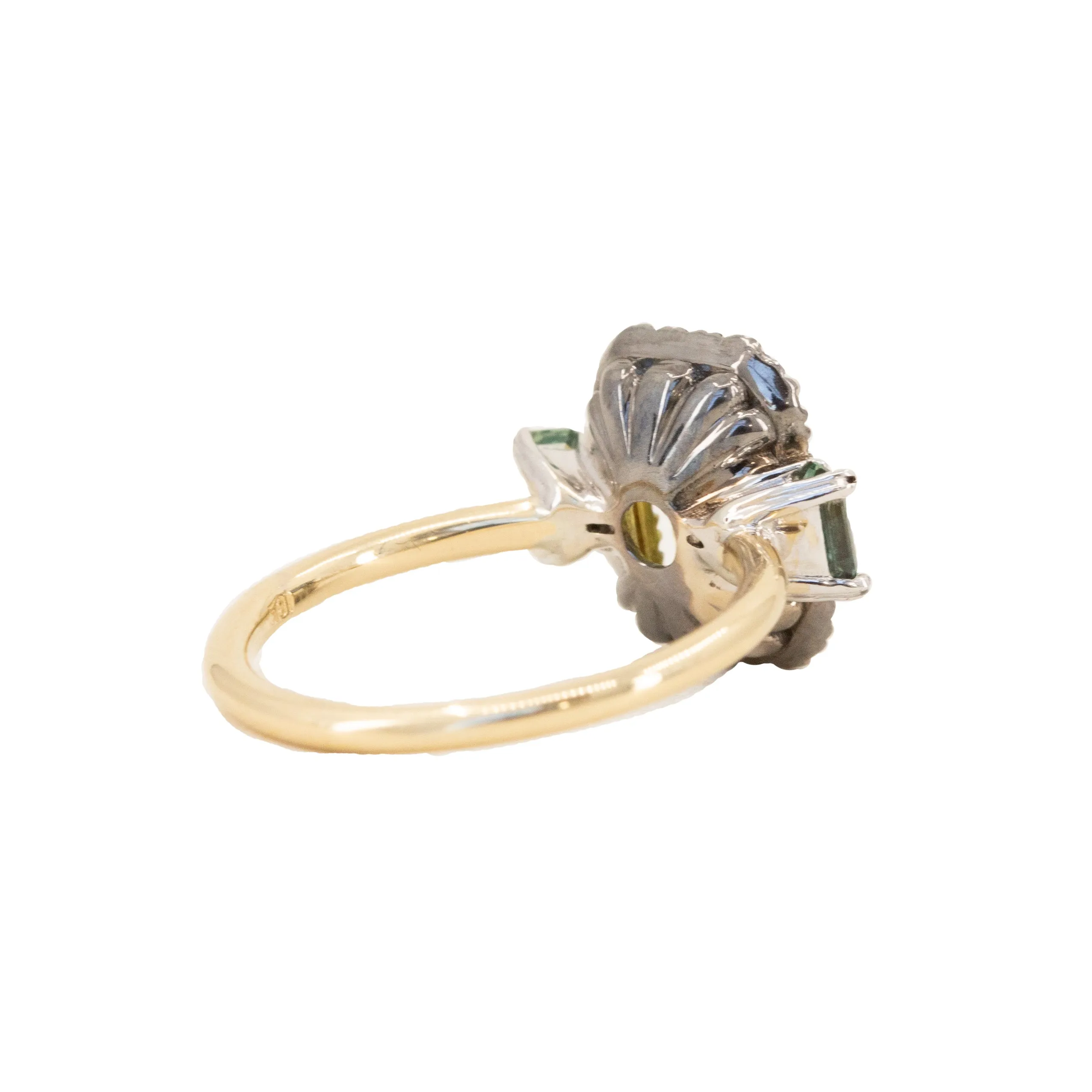 2.62ct Emerald Cut Nigerian Sapphire and Montana Sapphire Low Profile Scallop Cut Three Stone Ring with Antiqued Diamond Halo in 18k Yellow Gold