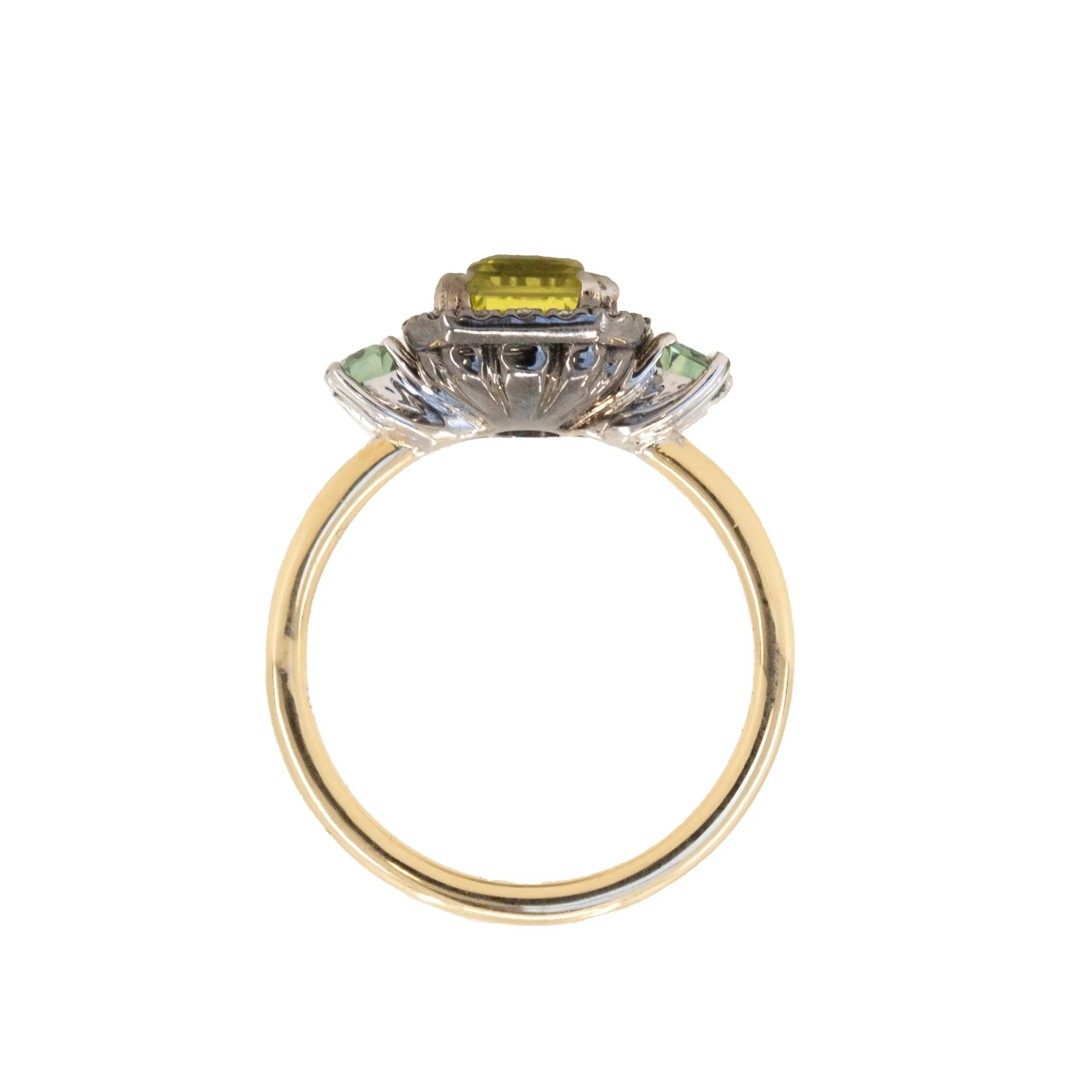 2.62ct Emerald Cut Nigerian Sapphire and Montana Sapphire Low Profile Scallop Cut Three Stone Ring with Antiqued Diamond Halo in 18k Yellow Gold