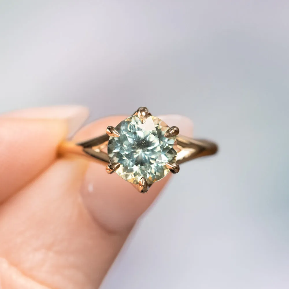 2.67ct Medium Teal Green Montana Sapphire Low Profile Six Prong Split Shank Solitaire in 14k Yellow Gold