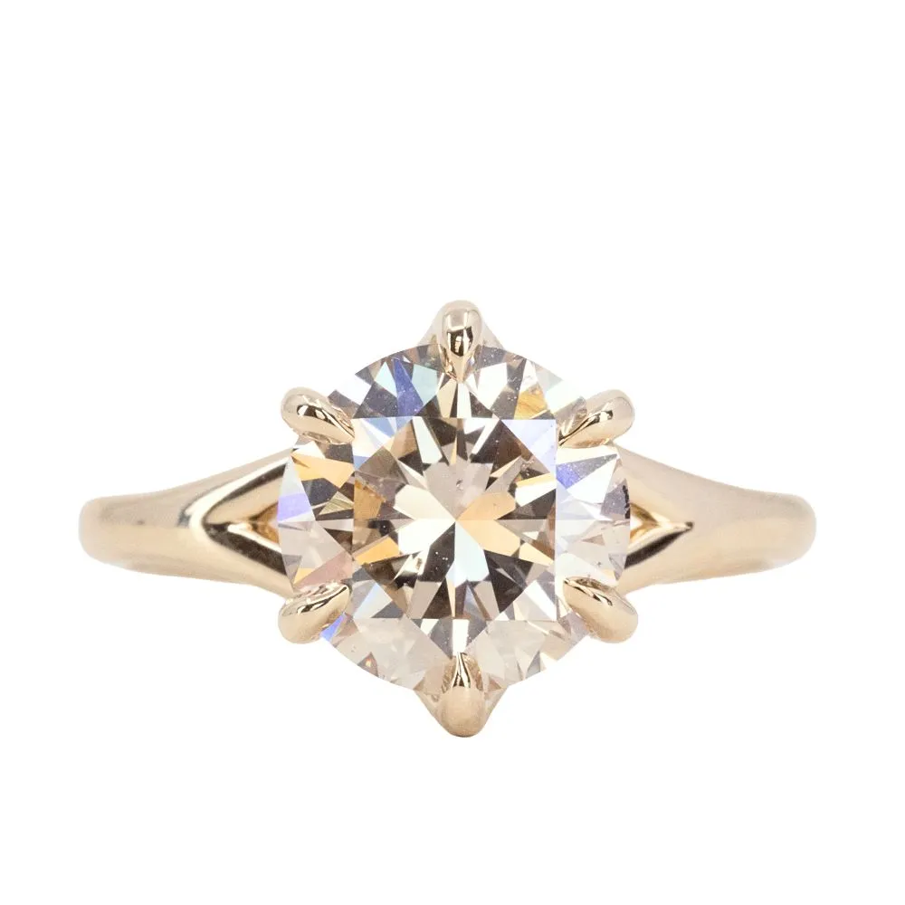 3.06ct Round Brilliant Champagne Diamond Low Profile Six Prong Split Shank Solitaire in 14k Yellow Gold