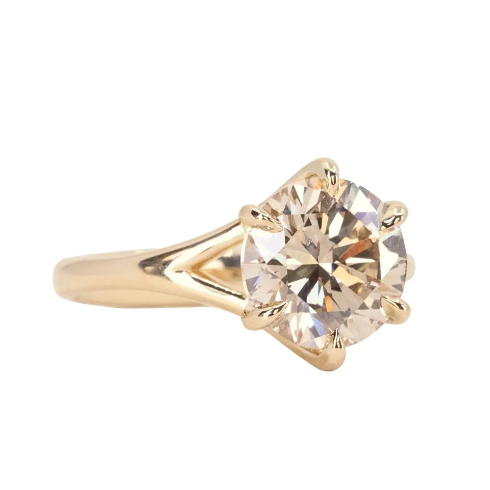 3.06ct Round Brilliant Champagne Diamond Low Profile Six Prong Split Shank Solitaire in 14k Yellow Gold