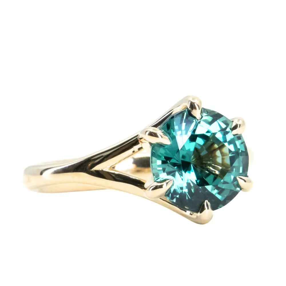 3.76ct Teal Round Sapphire Low Profile Six Prong Split Shank Solitaire in 14k Yellow Gold