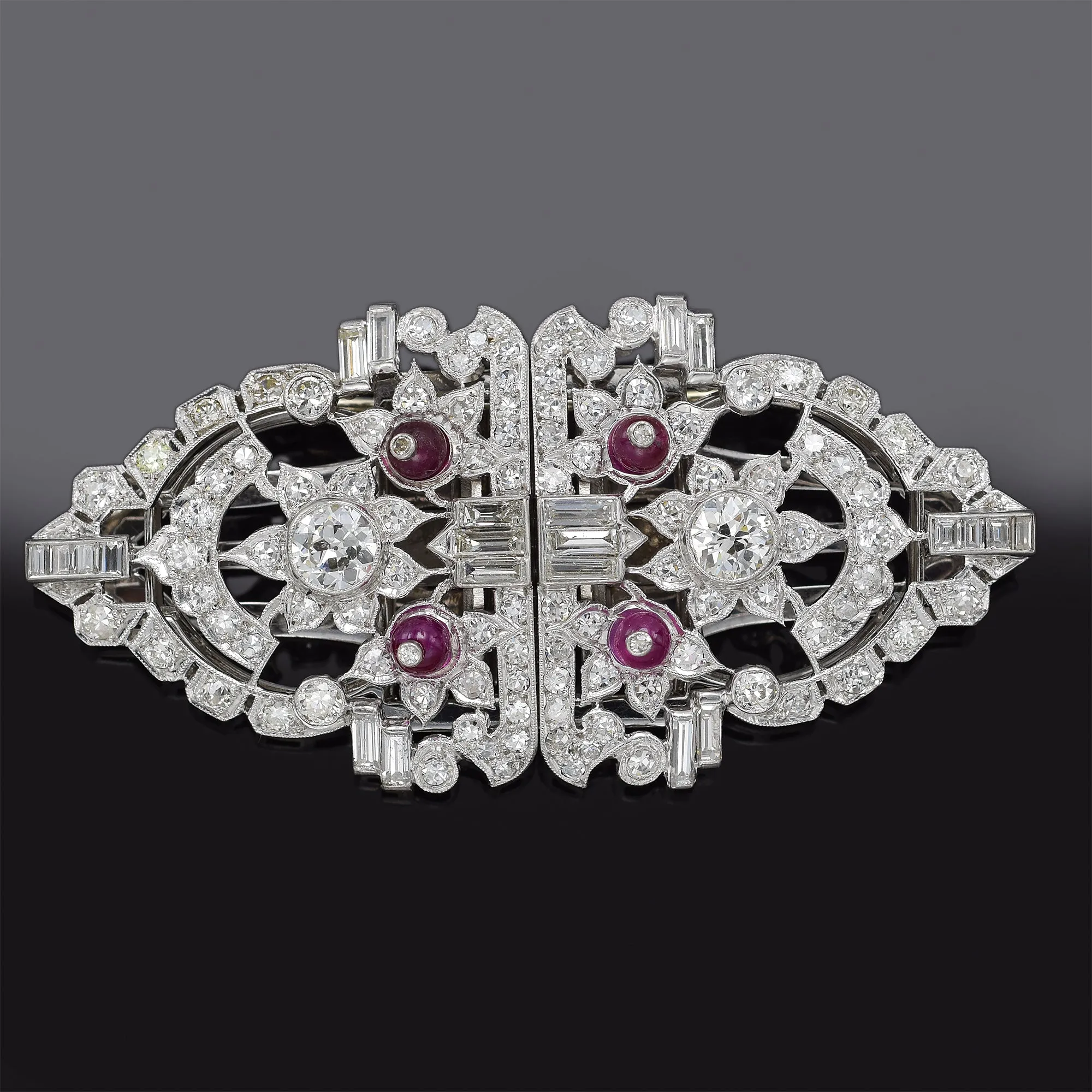 Antique Platinum Ruby & 4.58 TCW Diamond Art Deco Convertible Brooch Pin