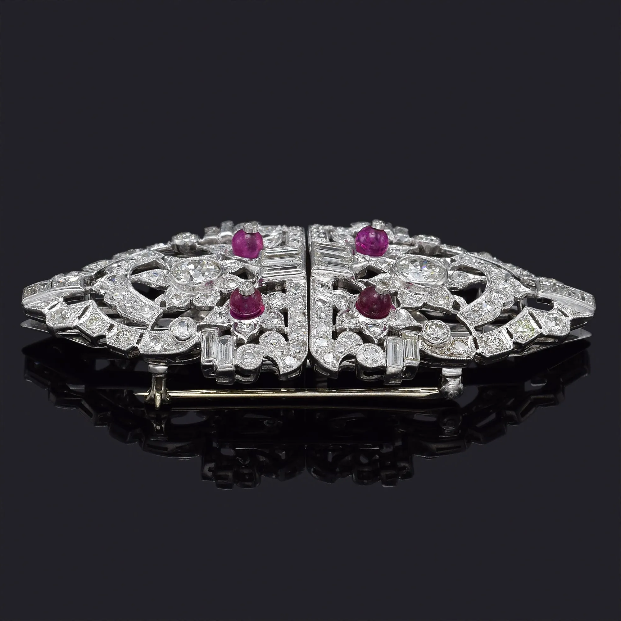 Antique Platinum Ruby & 4.58 TCW Diamond Art Deco Convertible Brooch Pin