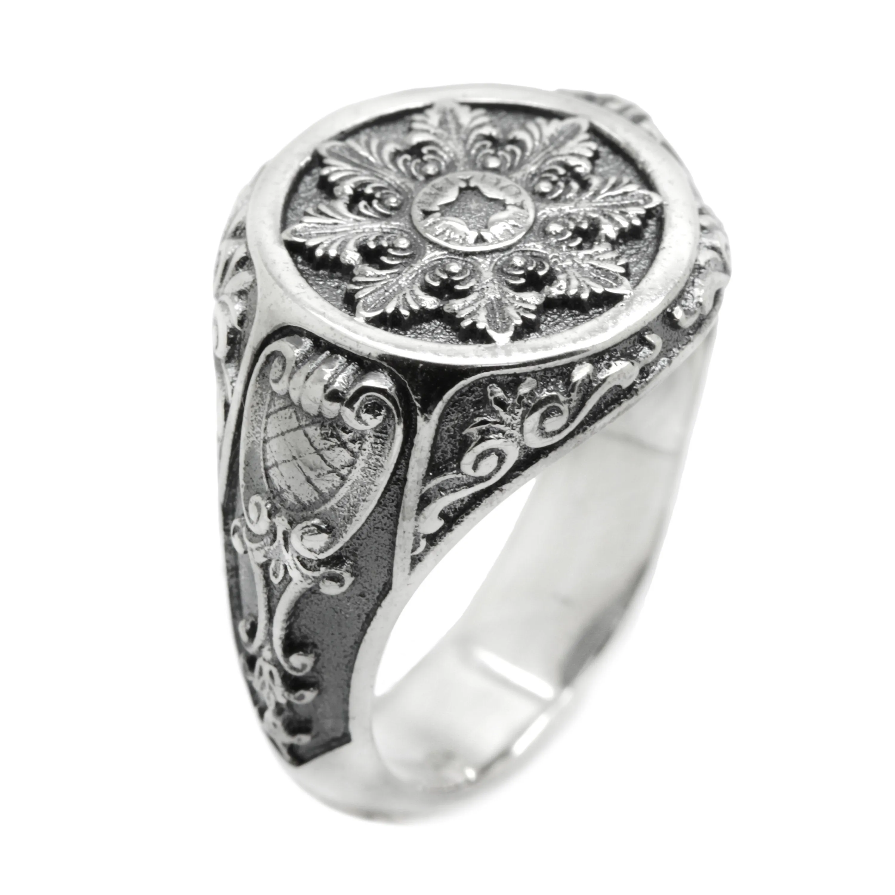 Barocco Baroque Old-fashion Style Patterns Mens Signet Silver Ring