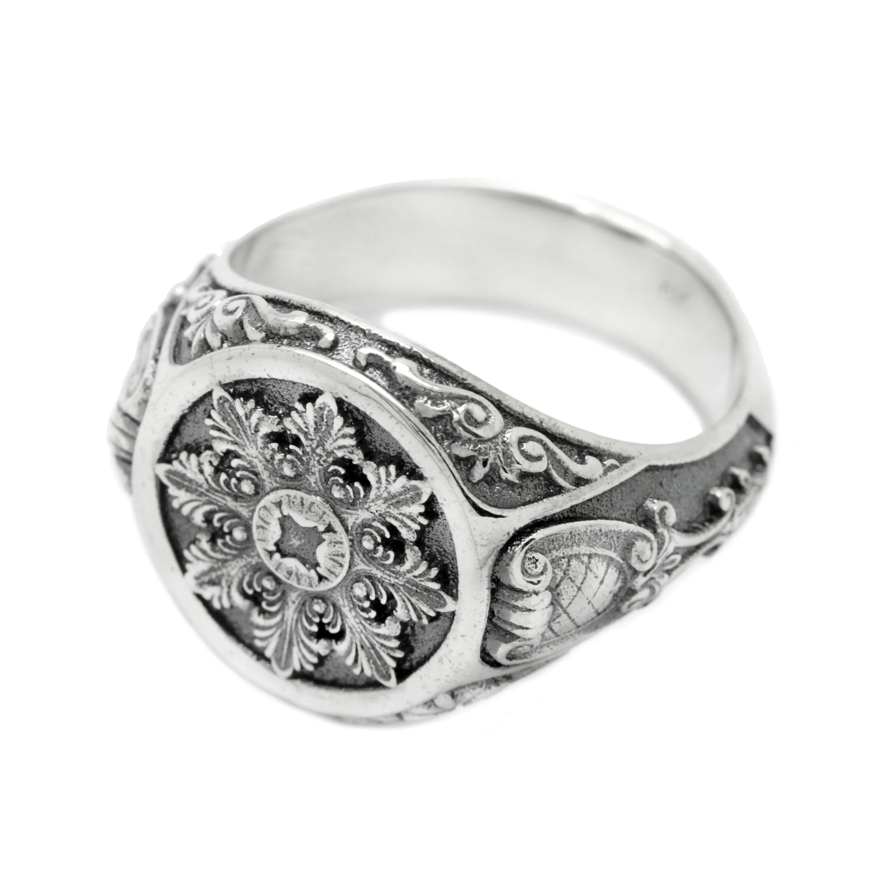 Barocco Baroque Old-fashion Style Patterns Mens Signet Silver Ring