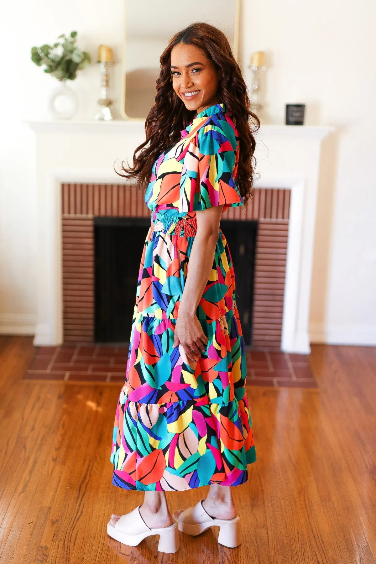 Be Bold Multicolor Abstract Tropical Print Smocked Waist Maxi Dress