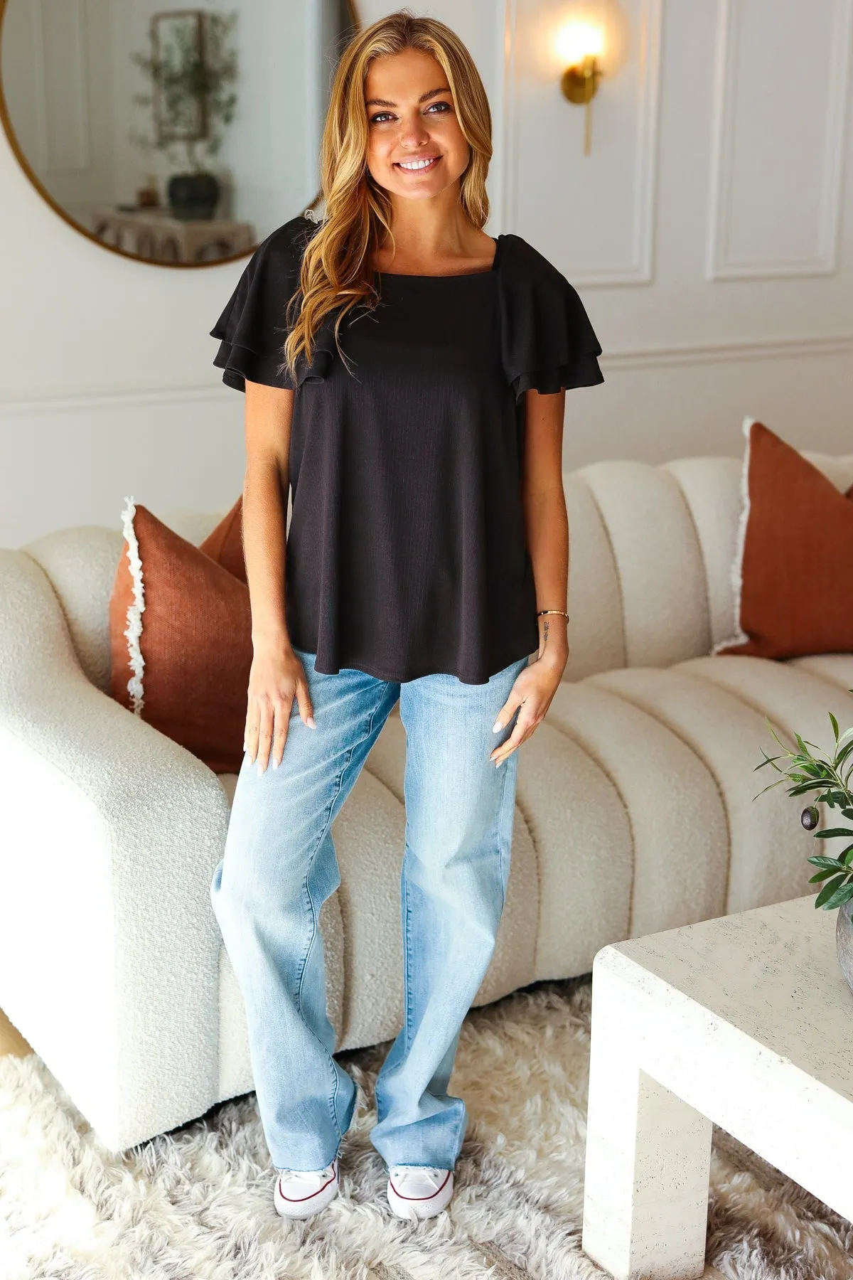 Black Double Ruffle Sleeve Square Neck Ribbed Top