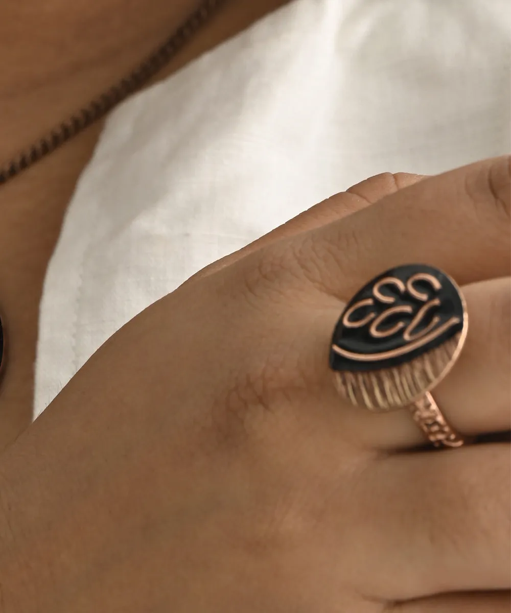 Black leaf handcrafted copper enamel ring