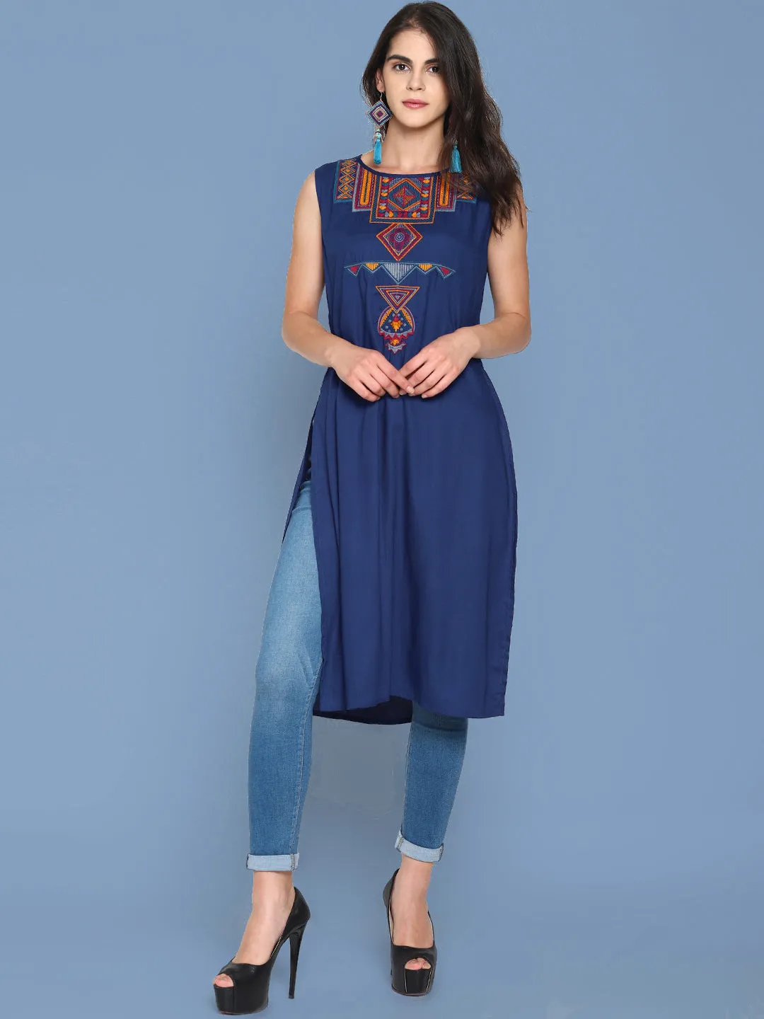 Blue Sleeveless Kurta With Multicolor Embroidery