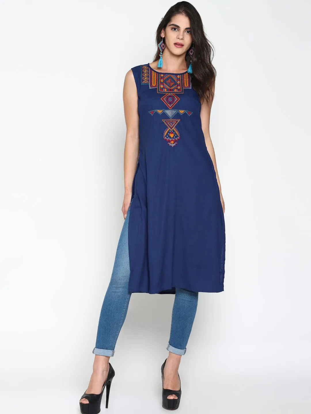 Blue Sleeveless Kurta With Multicolor Embroidery