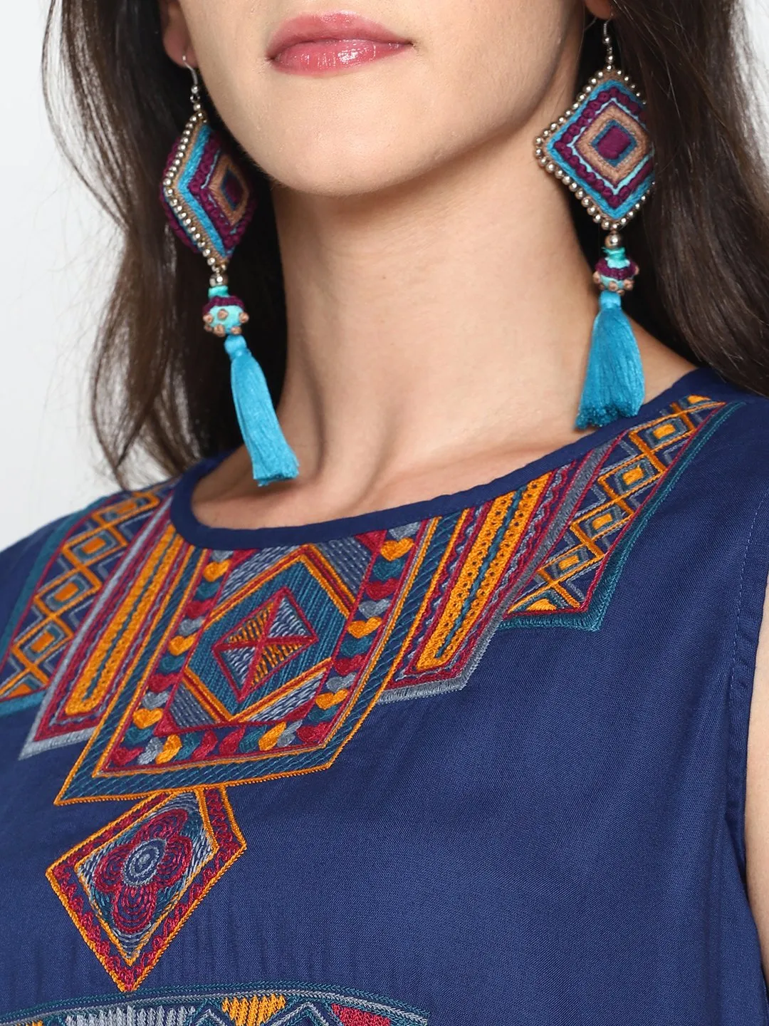 Blue Sleeveless Kurta With Multicolor Embroidery