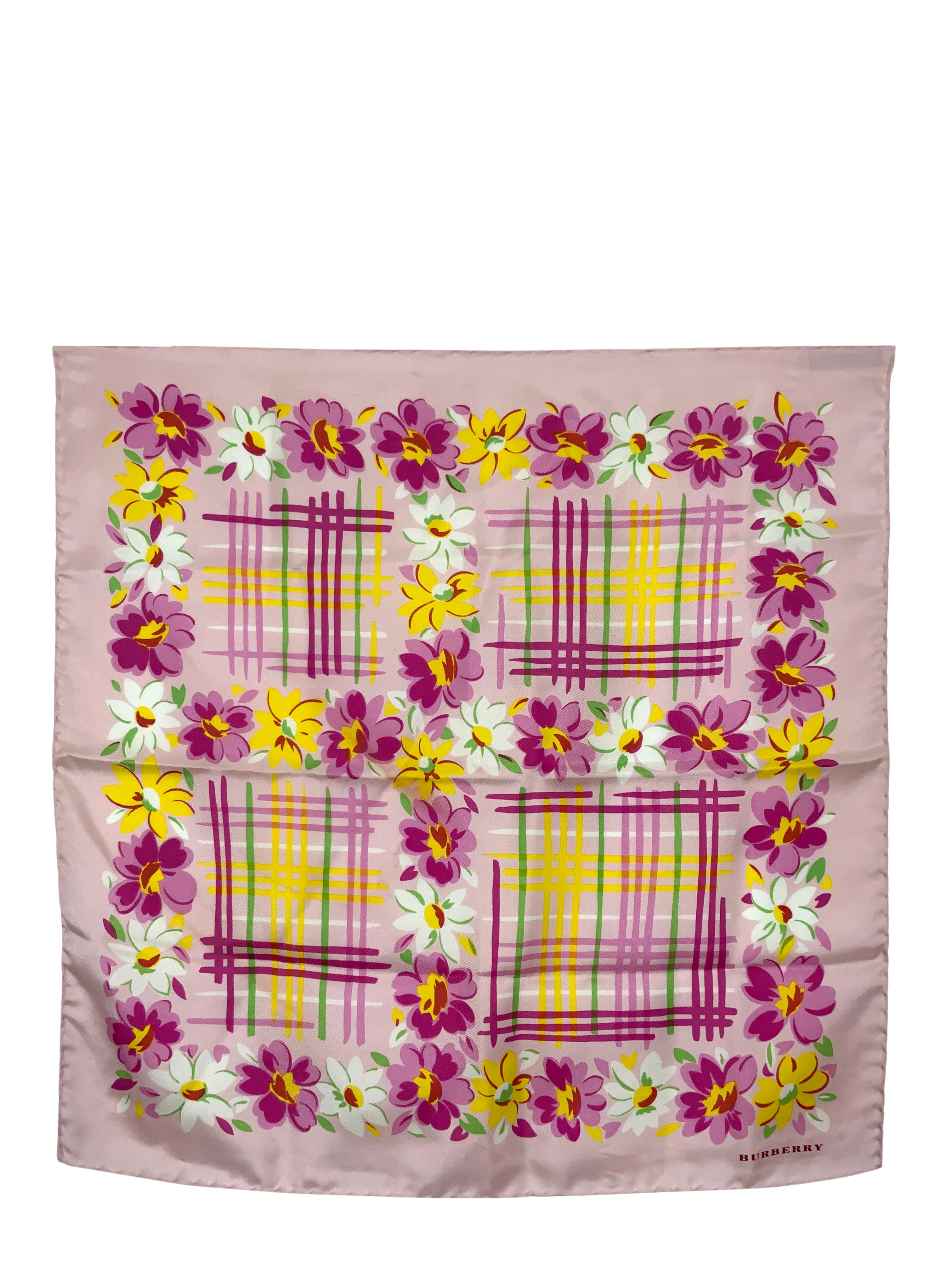 Burberry Floral Checkered Print Silk Small Scarf