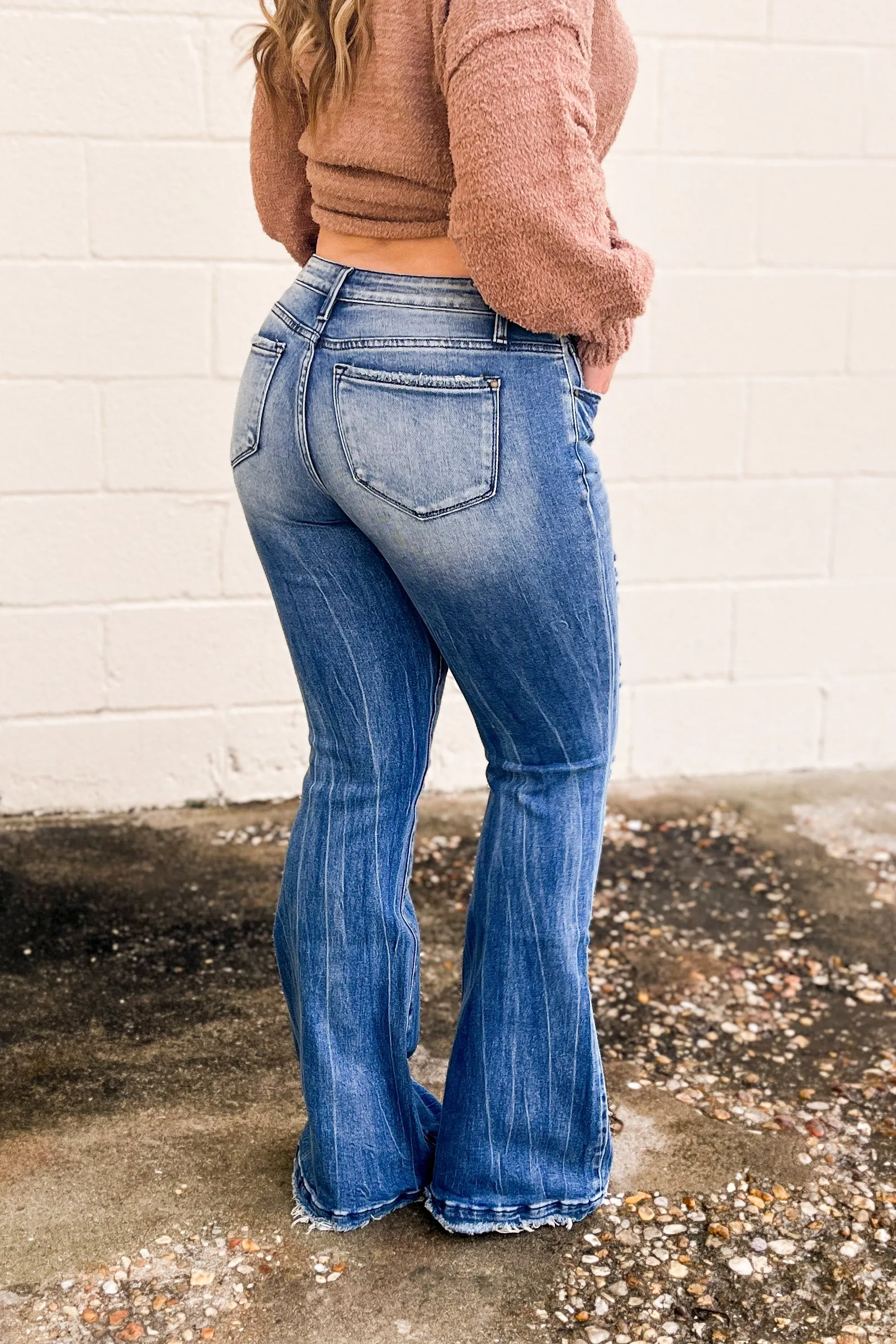 Canton Distressed Mid Rise Stretch Flare Jeans