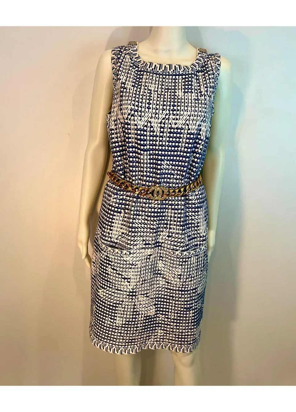 Chanel 14P 2014 Spring Navy Blue White Geometric Sheath Dress FR 40 US 6/8