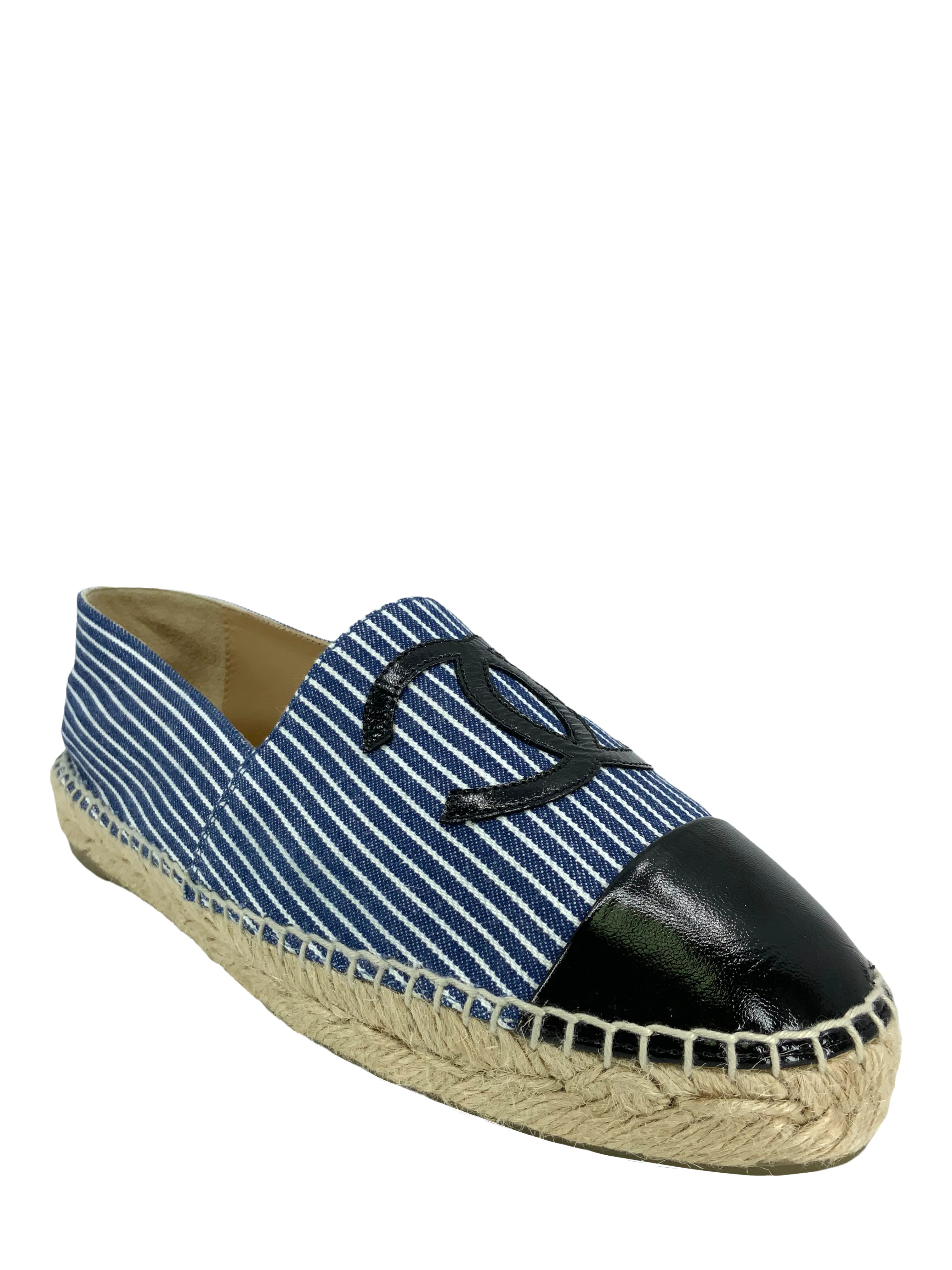 CHANEL Canvas Striped Patent Leather CC Espadrilles Size 9