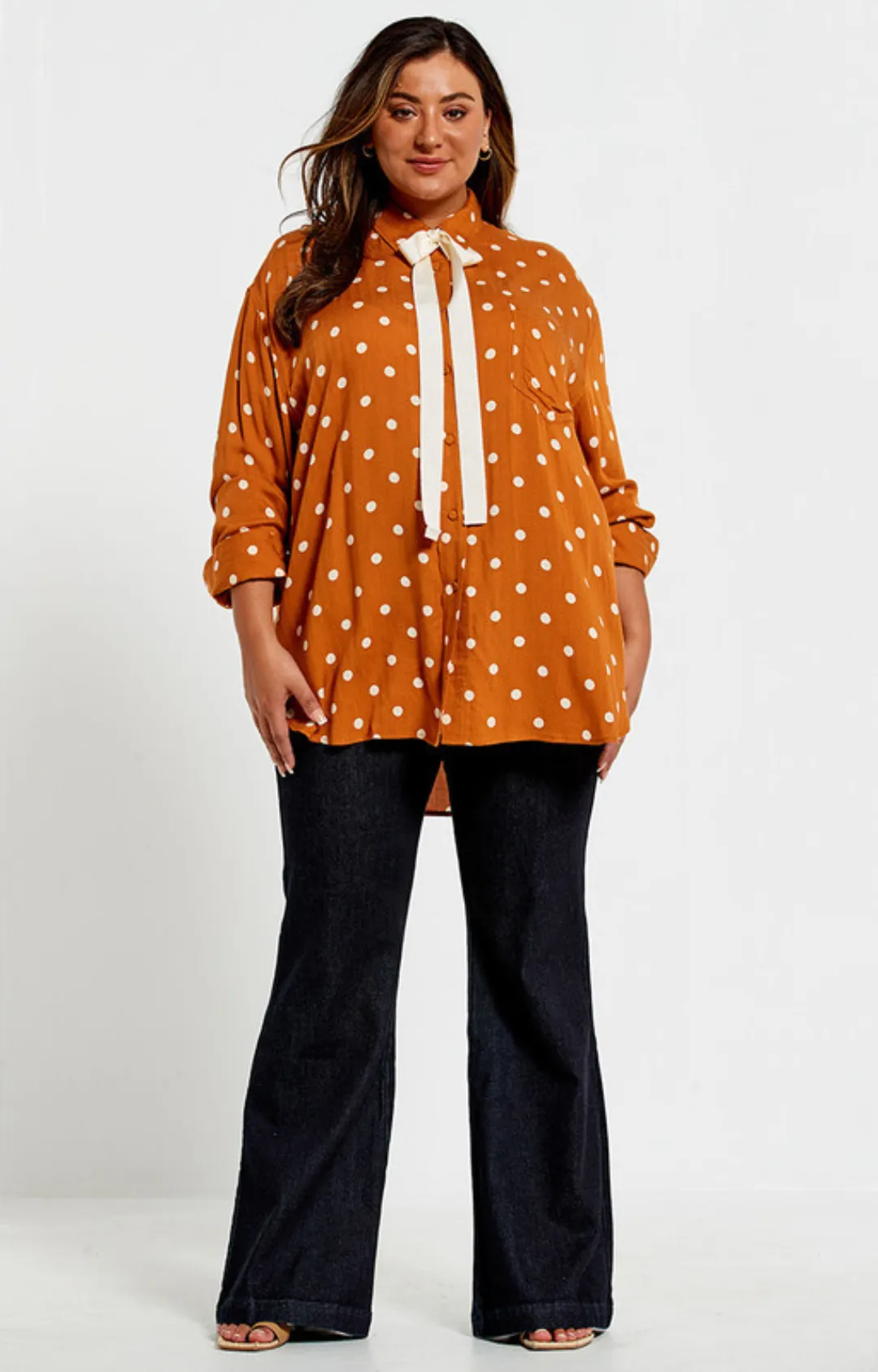 Classic Shirt w/ Grosgrain Tie - Brown Dot