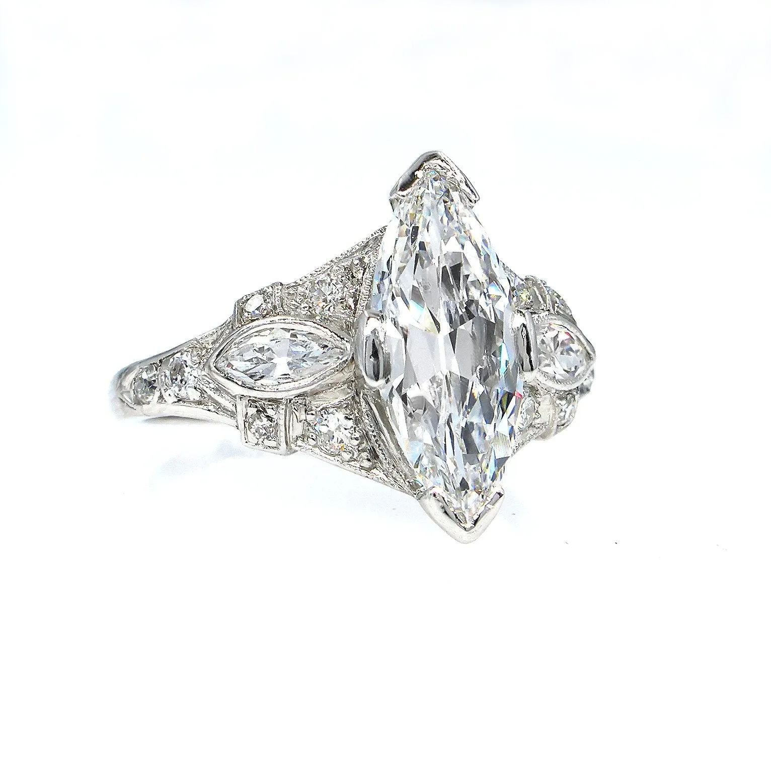 D-VS2 Art Deco Vintage GIA 2.45ct Old Marquise Cut Diamond Engagement PLATINUM Ring