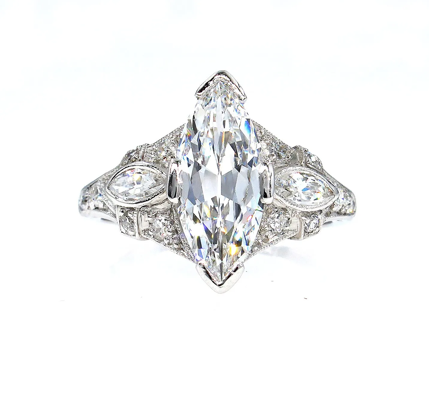 D-VS2 Art Deco Vintage GIA 2.45ct Old Marquise Cut Diamond Engagement PLATINUM Ring