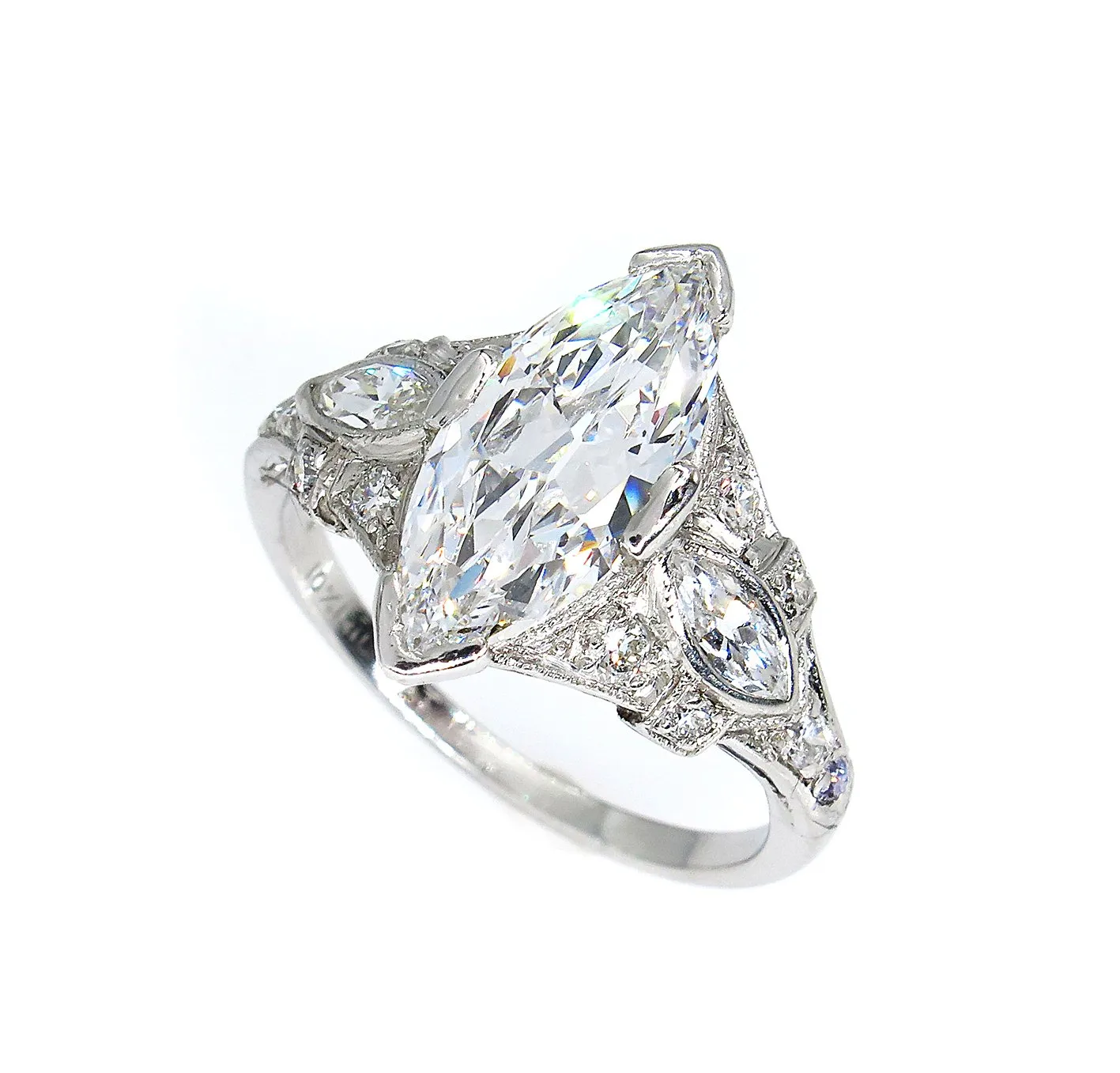 D-VS2 Art Deco Vintage GIA 2.45ct Old Marquise Cut Diamond Engagement PLATINUM Ring