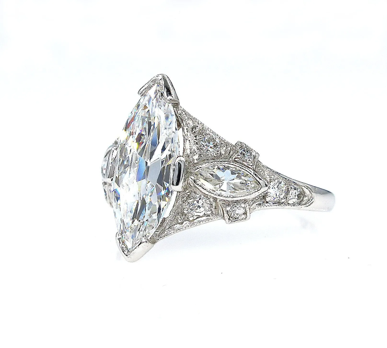 D-VS2 Art Deco Vintage GIA 2.45ct Old Marquise Cut Diamond Engagement PLATINUM Ring