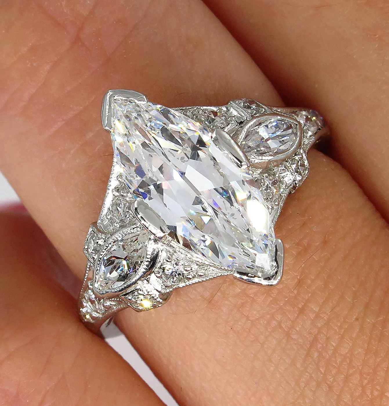 D-VS2 Art Deco Vintage GIA 2.45ct Old Marquise Cut Diamond Engagement PLATINUM Ring