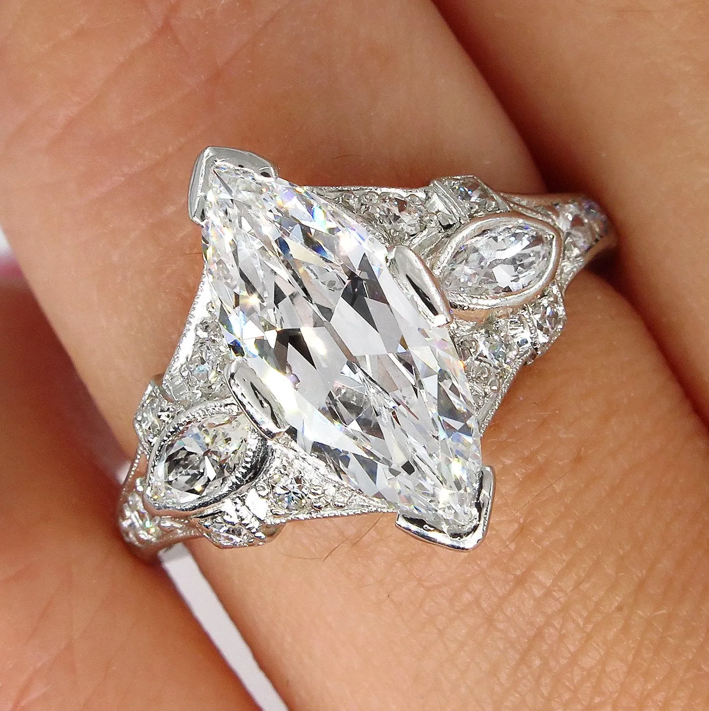 D-VS2 Art Deco Vintage GIA 2.45ct Old Marquise Cut Diamond Engagement PLATINUM Ring