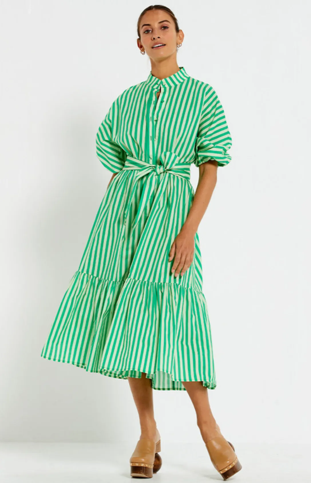 Dolman Shirt Midi Dress - Tonal Jade Stripe