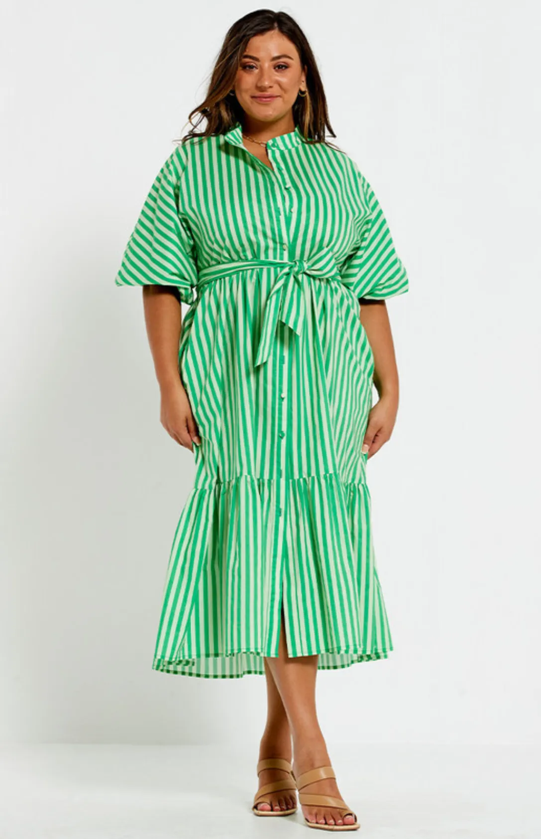 Dolman Shirt Midi Dress - Tonal Jade Stripe