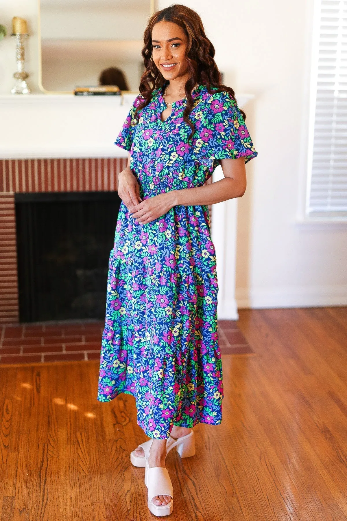 Eyes On You Navy Neon Floral Smocked Waist Maxi Dress (Shipping in 1-2 Weeks)