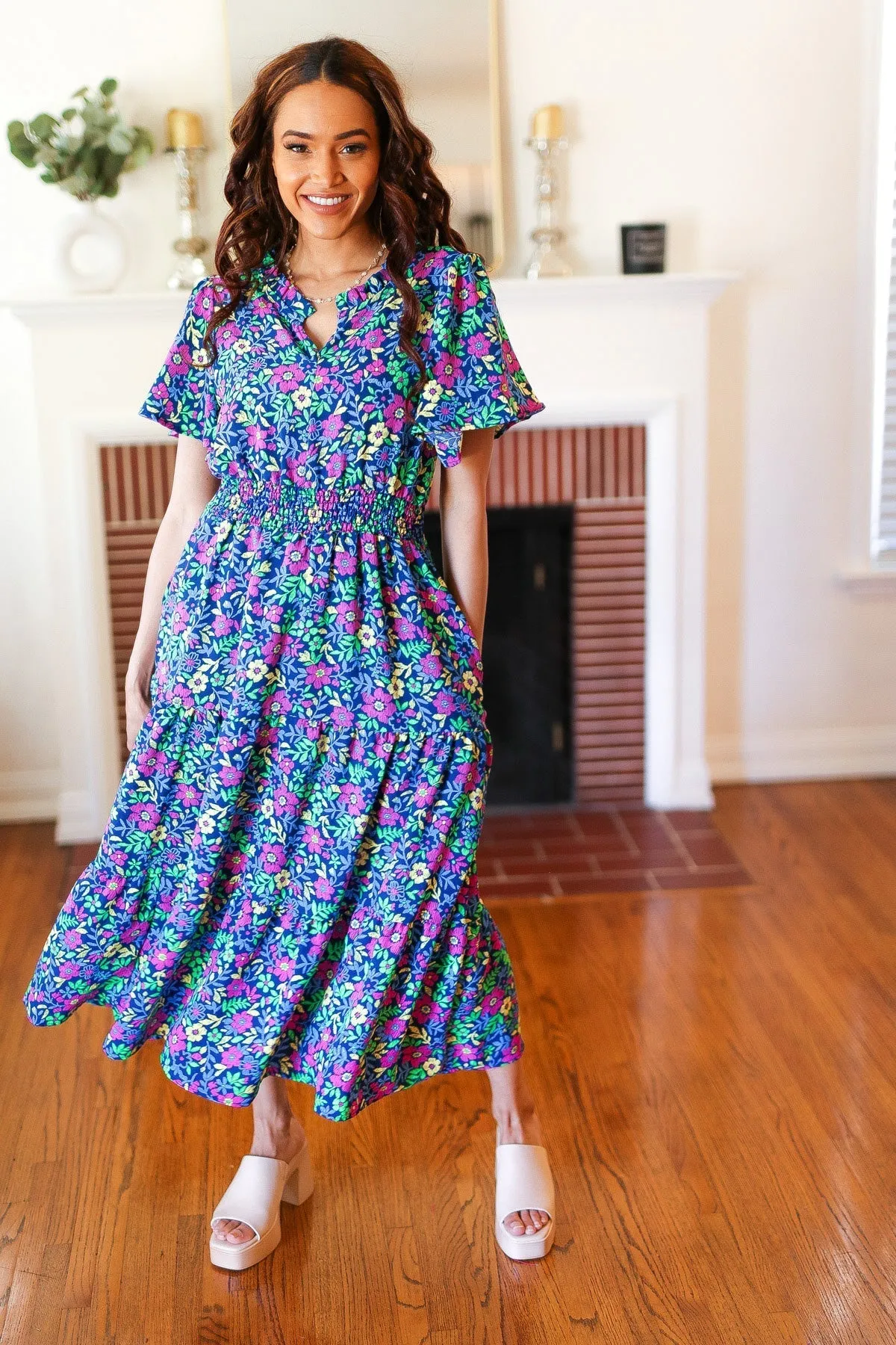 Eyes On You Navy Neon Floral Smocked Waist Maxi Dress (Shipping in 1-2 Weeks)