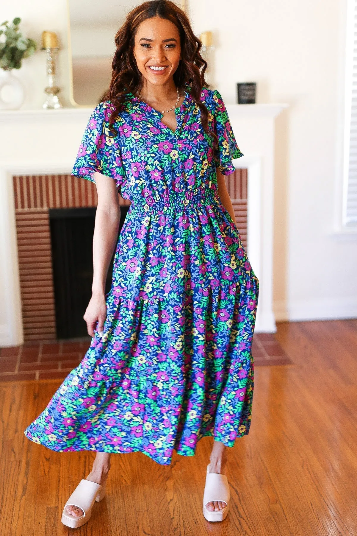 Eyes On You Navy Neon Floral Smocked Waist Maxi Dress (Shipping in 1-2 Weeks)