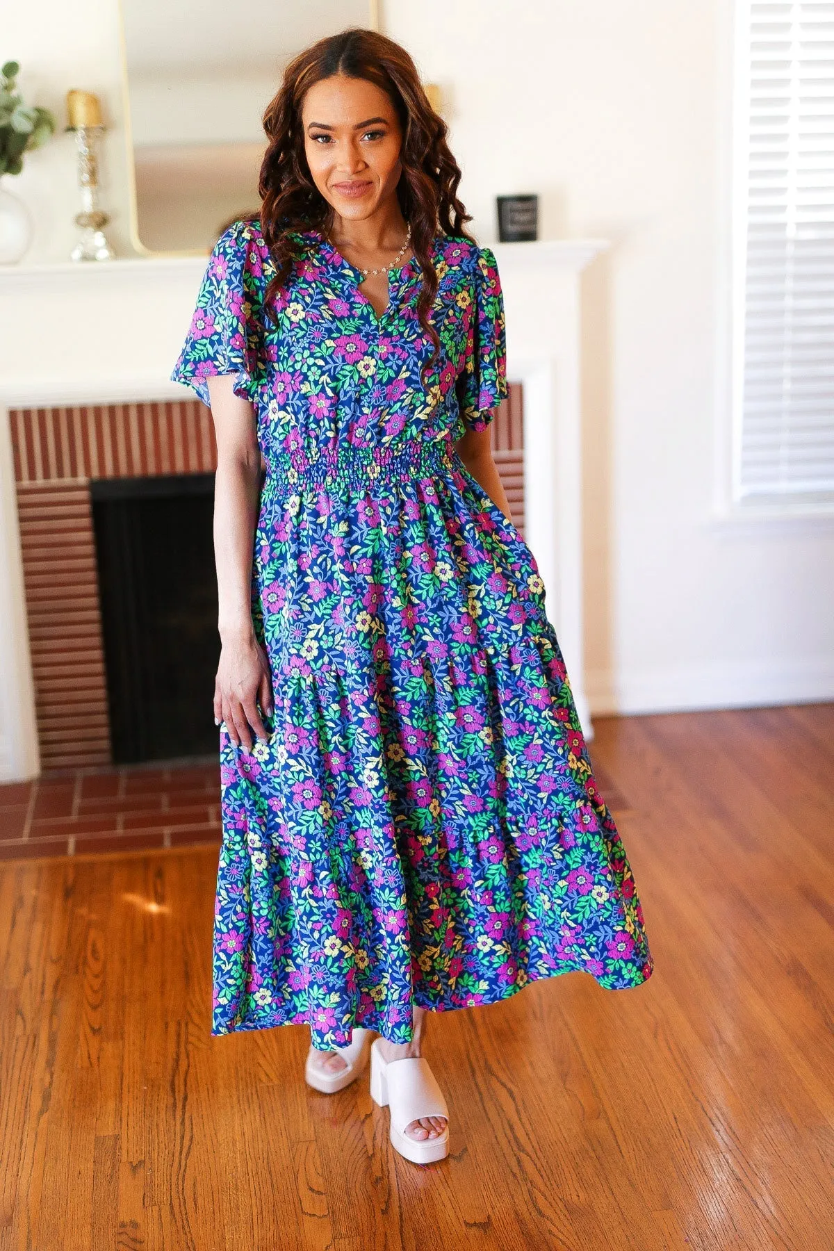 Eyes On You Navy Neon Floral Smocked Waist Maxi Dress (Shipping in 1-2 Weeks)