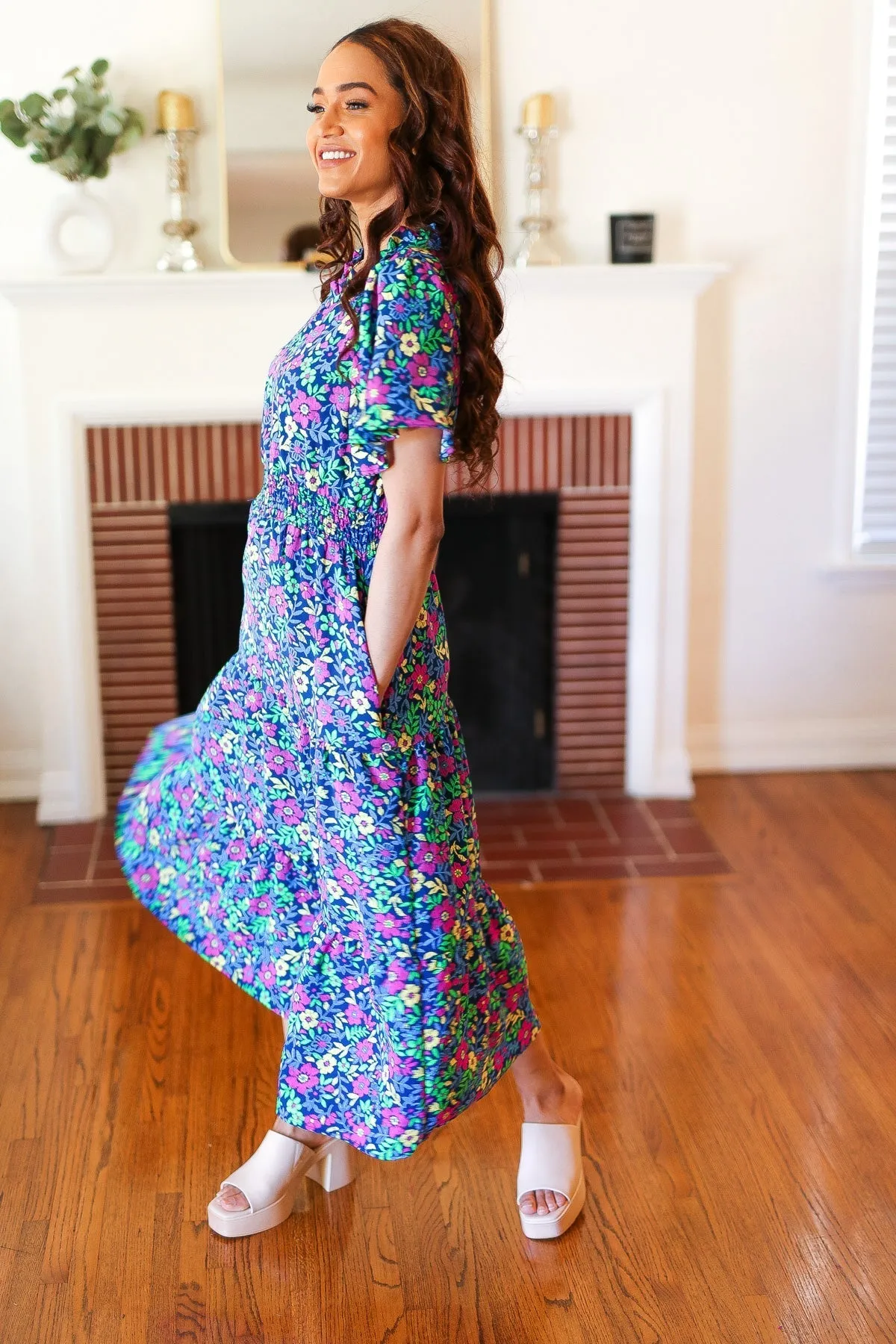 Eyes On You Navy Neon Floral Smocked Waist Maxi Dress (Shipping in 1-2 Weeks)