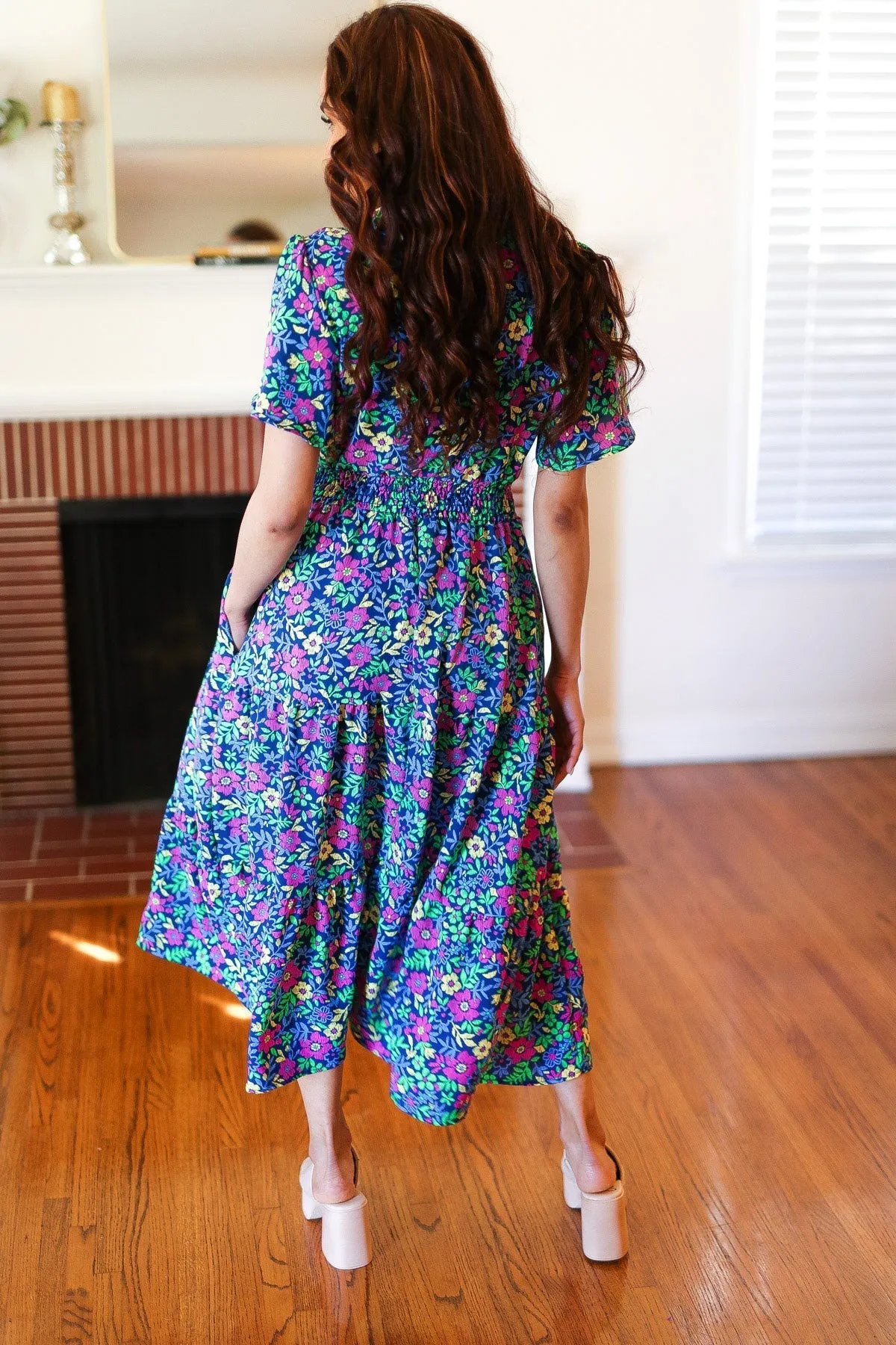 Eyes On You Navy Neon Floral Smocked Waist Maxi Dress (Shipping in 1-2 Weeks)