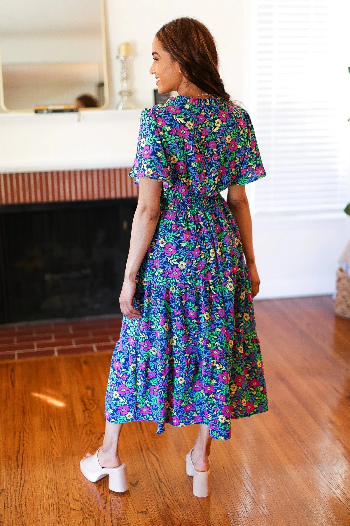 Eyes On You Navy Neon Floral Smocked Waist Maxi Dress (Shipping in 1-2 Weeks)