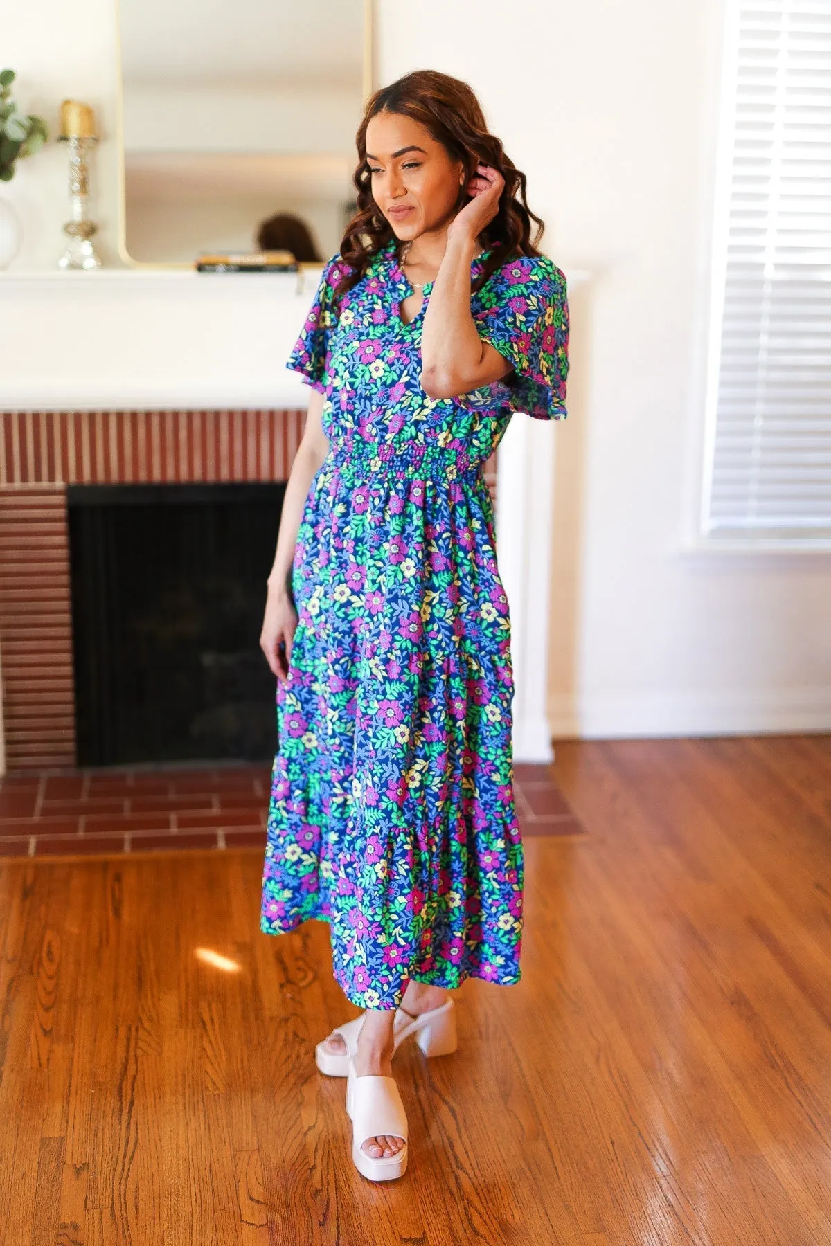 Eyes On You Navy Neon Floral Smocked Waist Maxi Dress (Shipping in 1-2 Weeks)