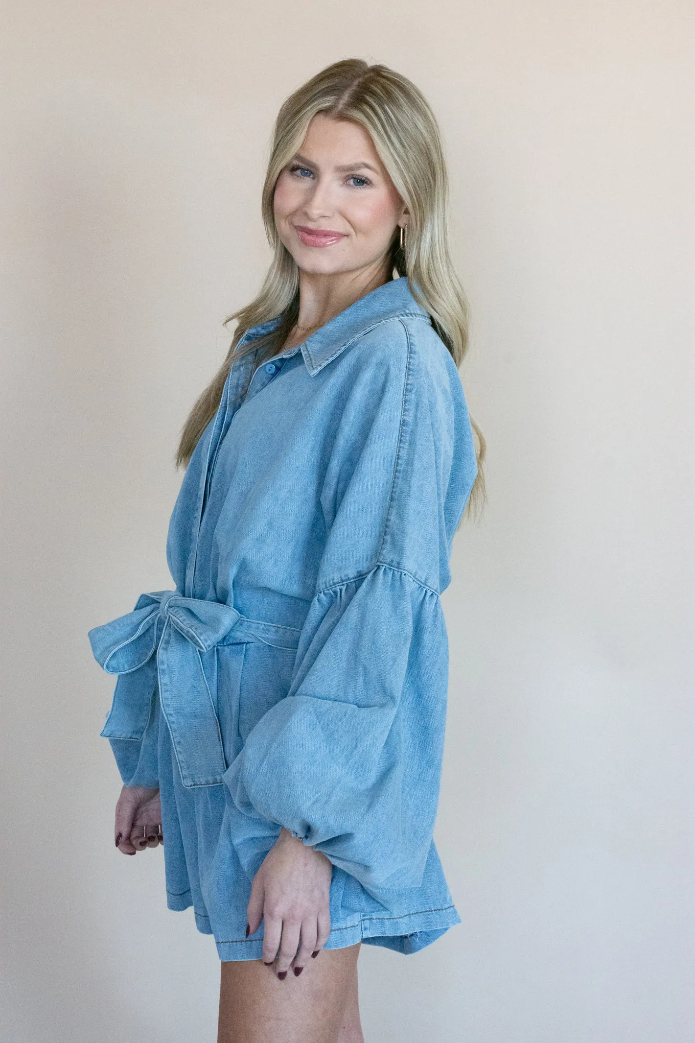 Forever on My Mind Denim Balloon Sleeve Romper