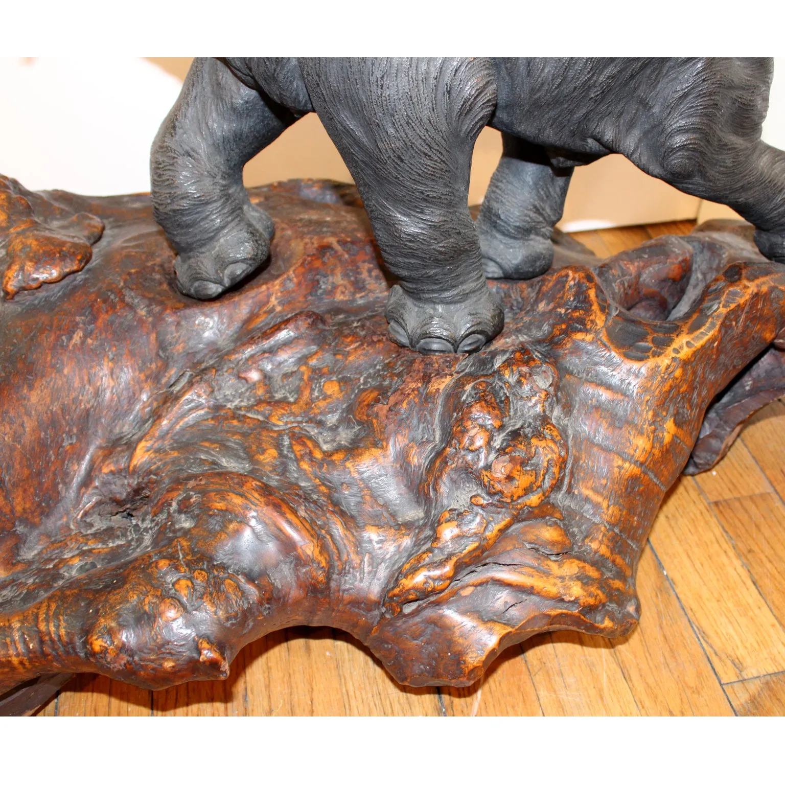 Japanese Meiji Period Bronze Elephant Sculpture on Burlwood Base