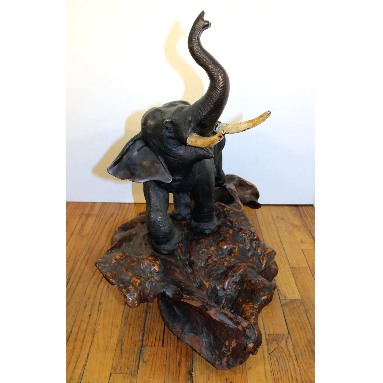 Japanese Meiji Period Bronze Elephant Sculpture on Burlwood Base