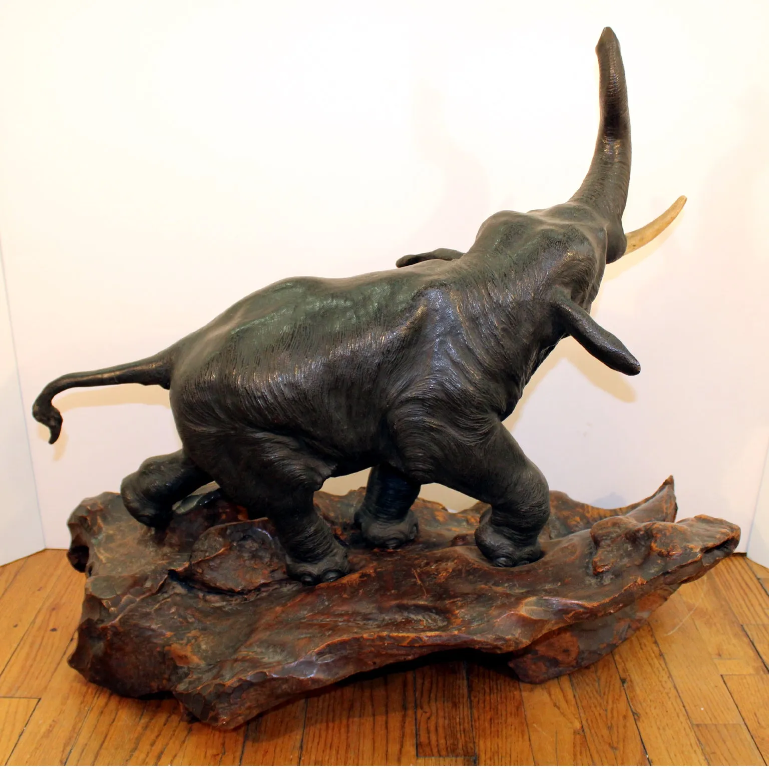 Japanese Meiji Period Bronze Elephant Sculpture on Burlwood Base