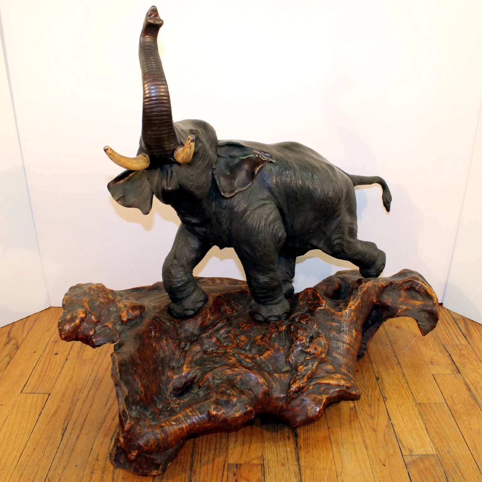 Japanese Meiji Period Bronze Elephant Sculpture on Burlwood Base