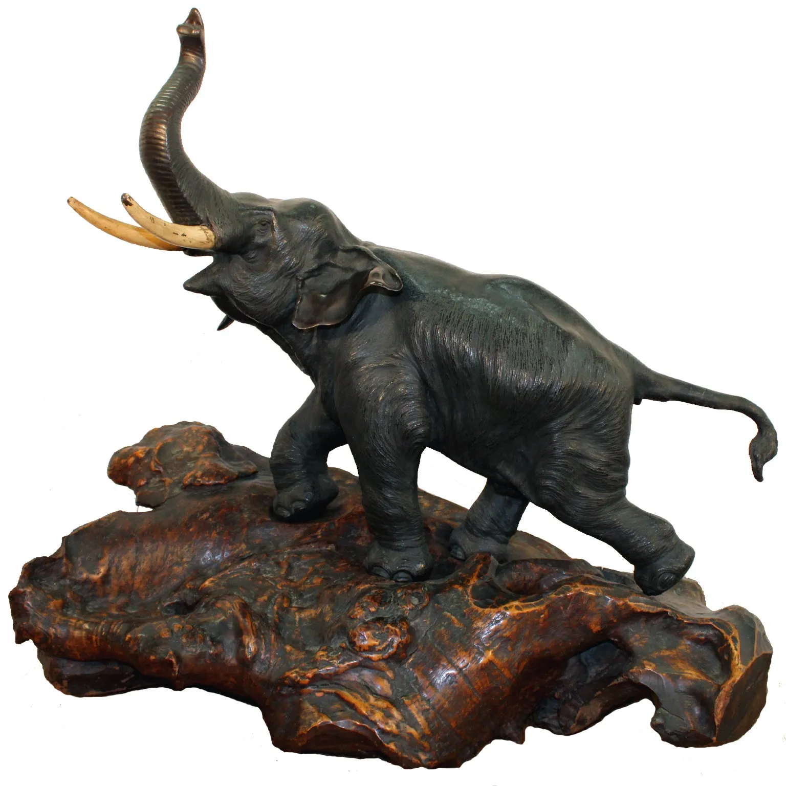 Japanese Meiji Period Bronze Elephant Sculpture on Burlwood Base