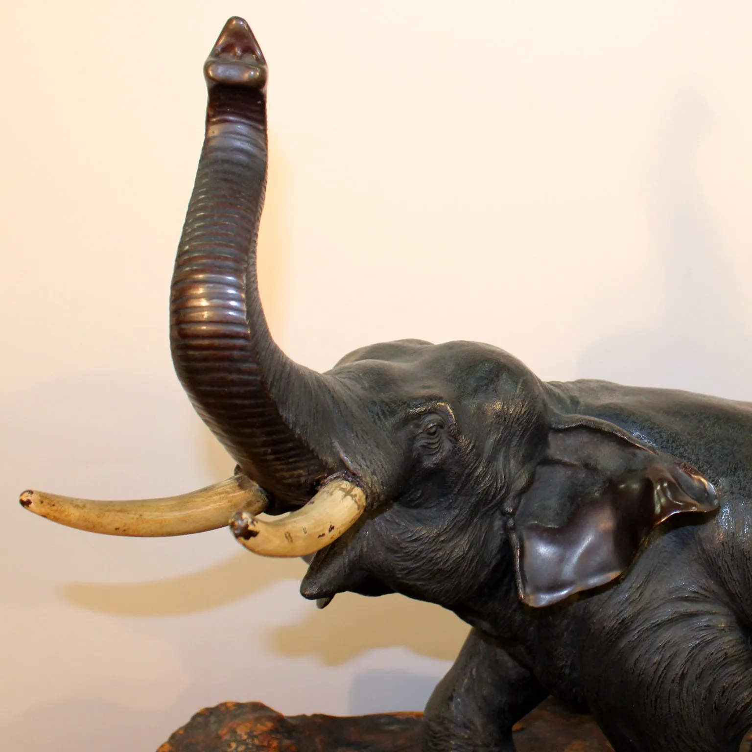 Japanese Meiji Period Bronze Elephant Sculpture on Burlwood Base