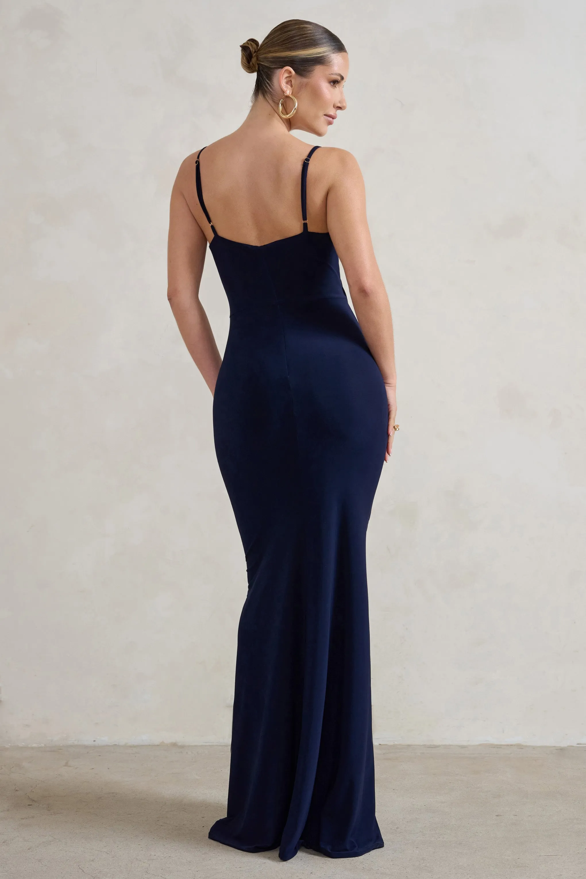 Jeanne | Navy Plunge Ruched Cami Maxi Dress With Split