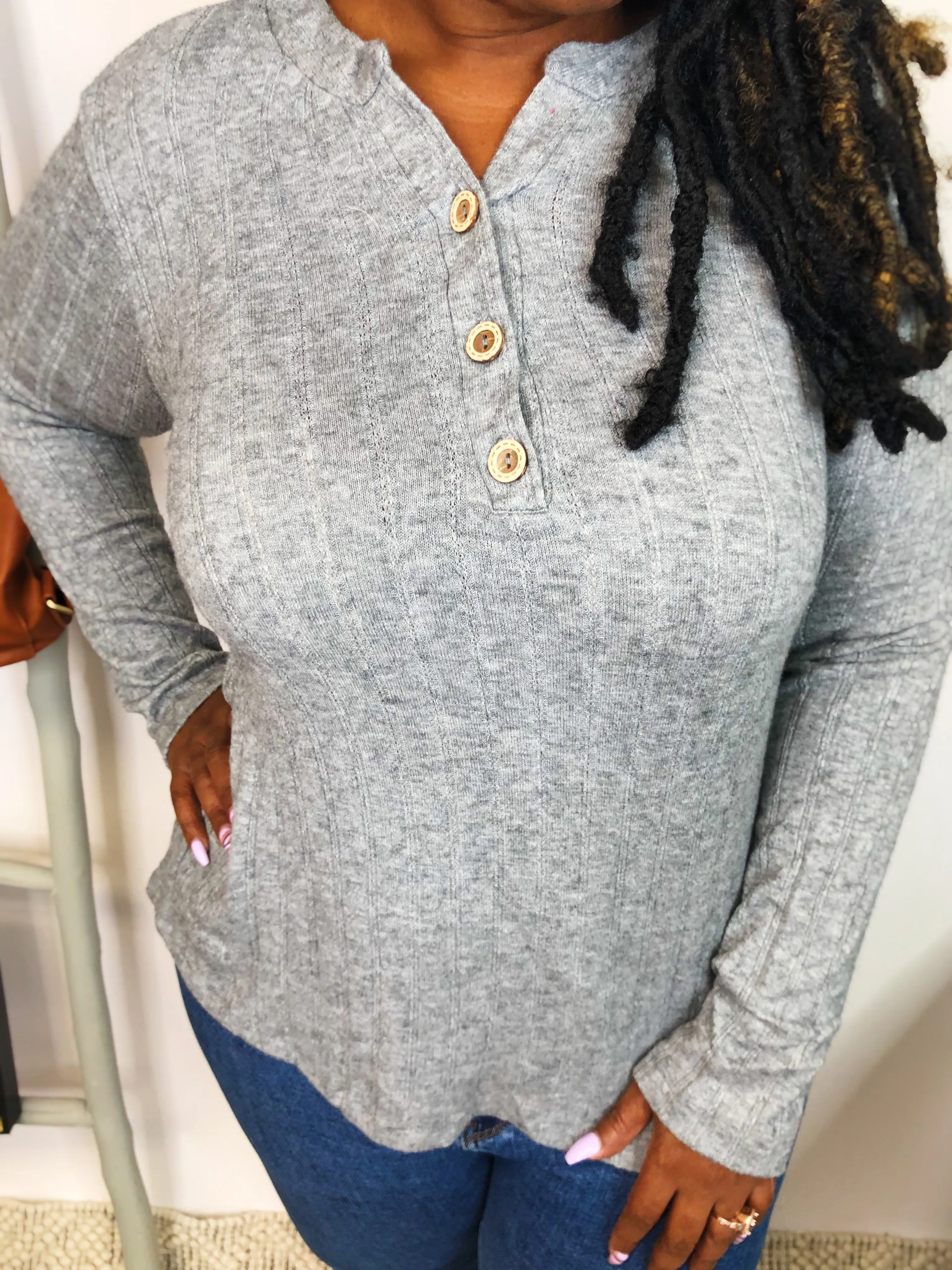 #K878 Neutral Lines Henley Top (Heather Grey)