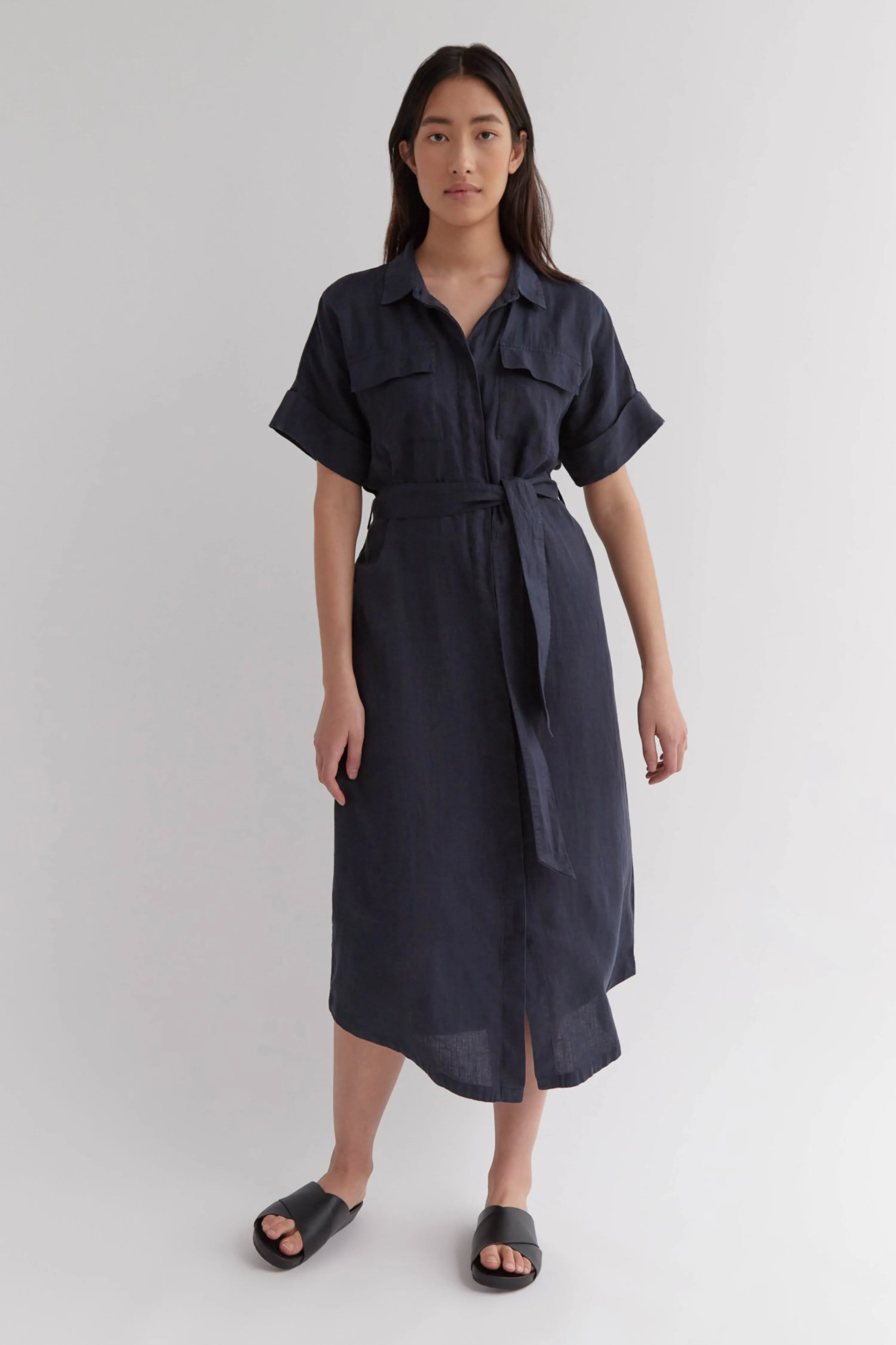 Kara True Navy Linen SS Shirt Dress