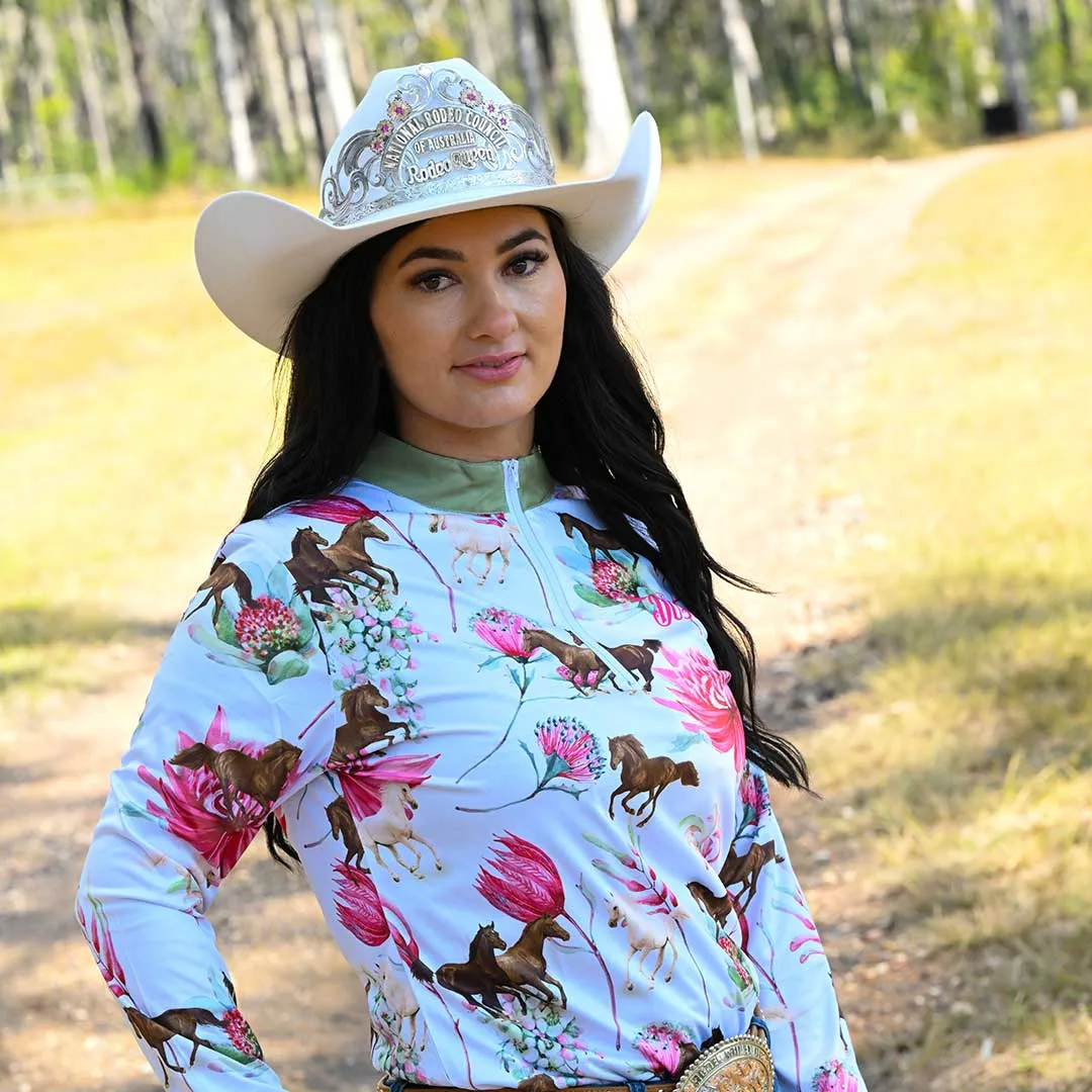 Ladies Equestrian Shirt 'Petals & Ponies' with green collar.