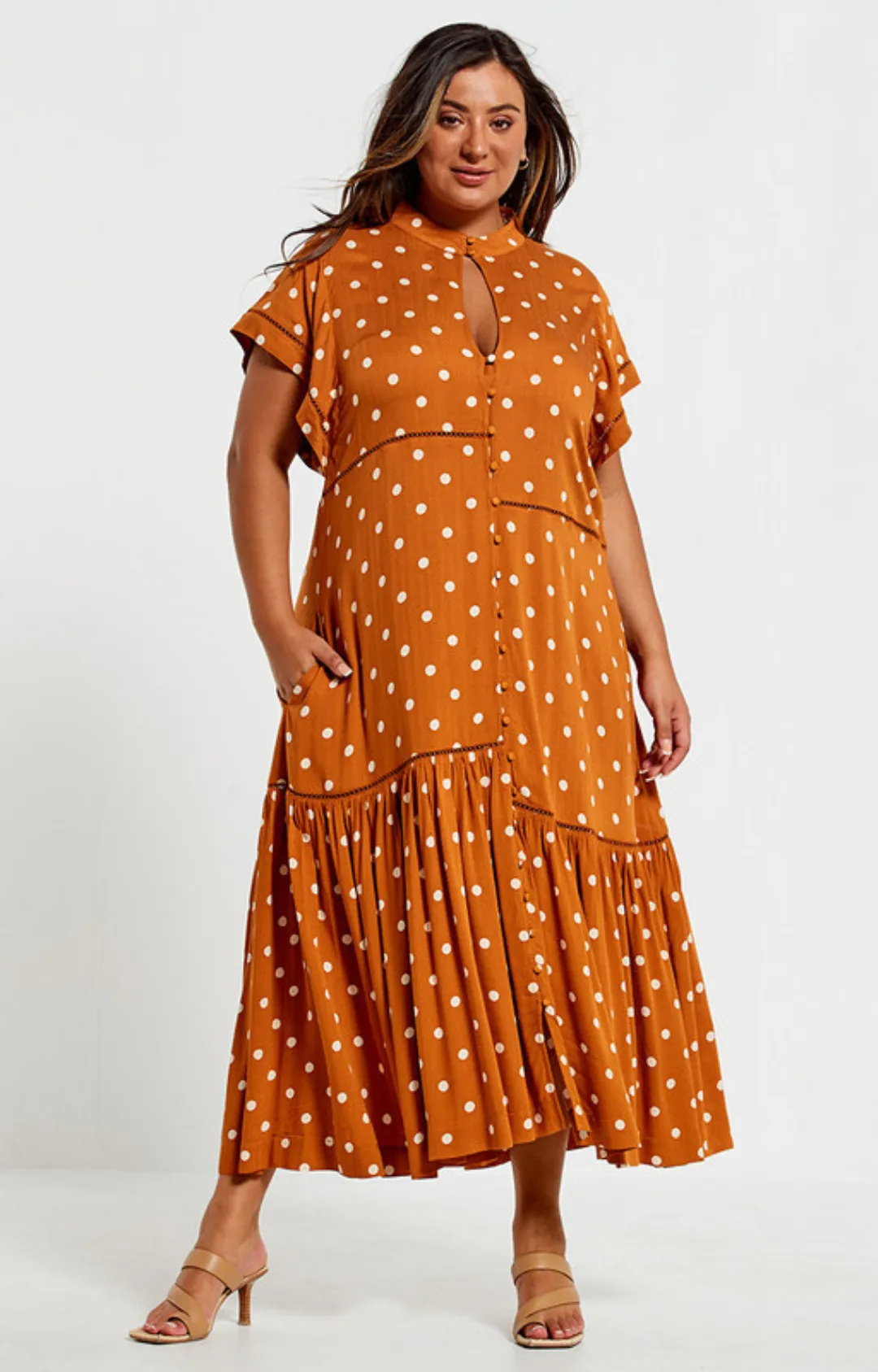 Lattice Midi Dress - Brown Dot