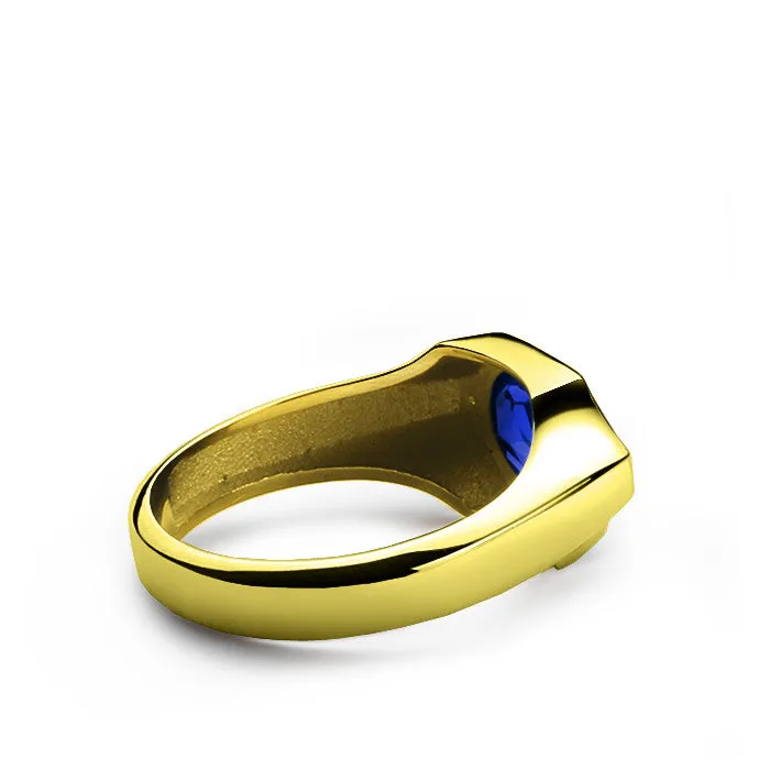 Men's Ring with Blue Sapphire and Diamonds in 14k Yellow Gold